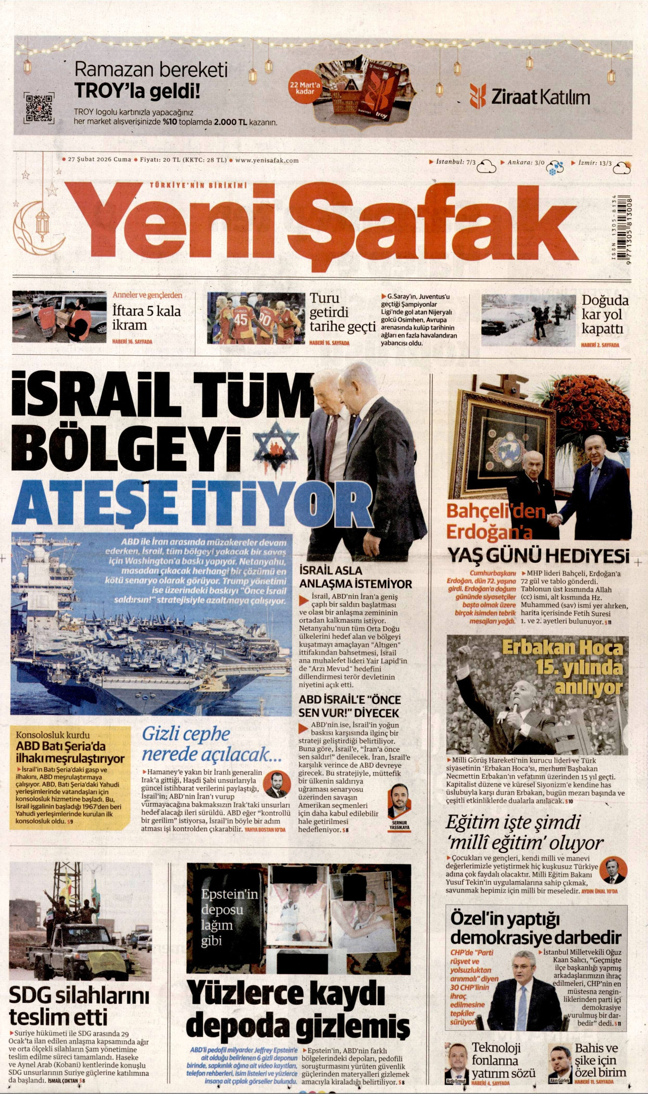 YENİ ŞAFAK gazetesinin 27 Şubat 2026 tarihli birinci sayfası