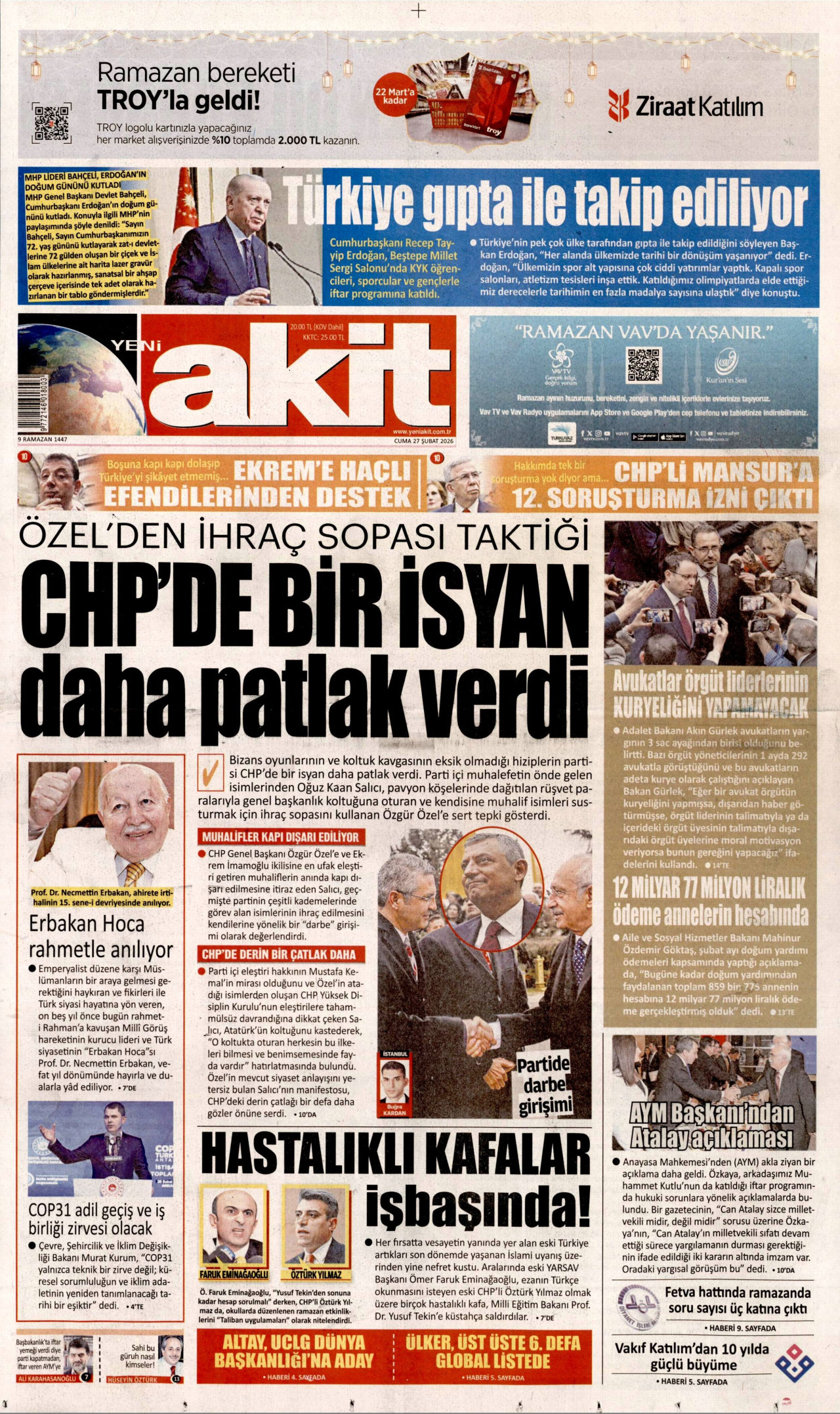 YENİ AKİT gazetesinin 27 Şubat 2026 tarihli birinci sayfası