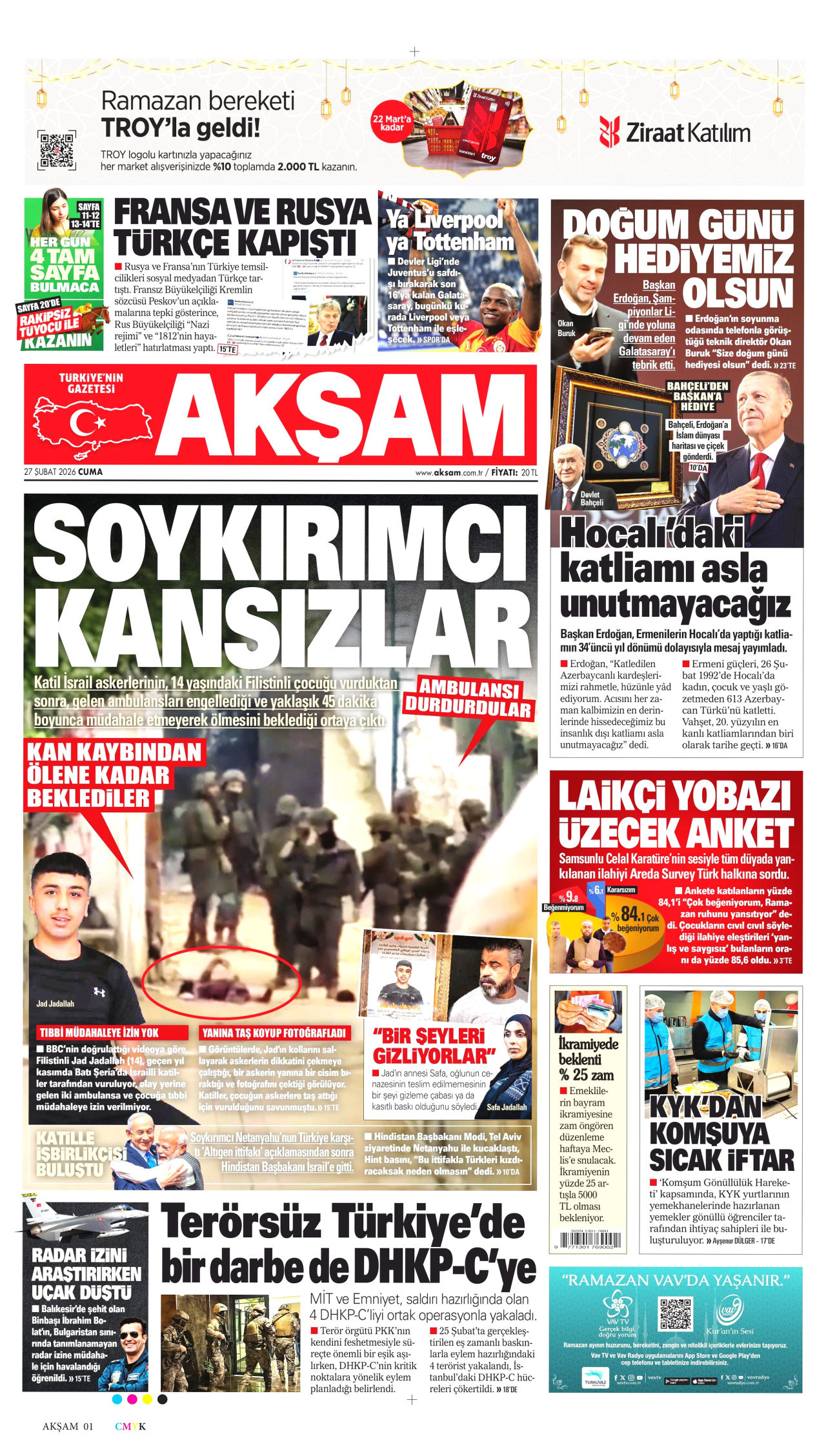 AKŞAM gazetesinin 27 Şubat 2026 tarihli birinci sayfası
