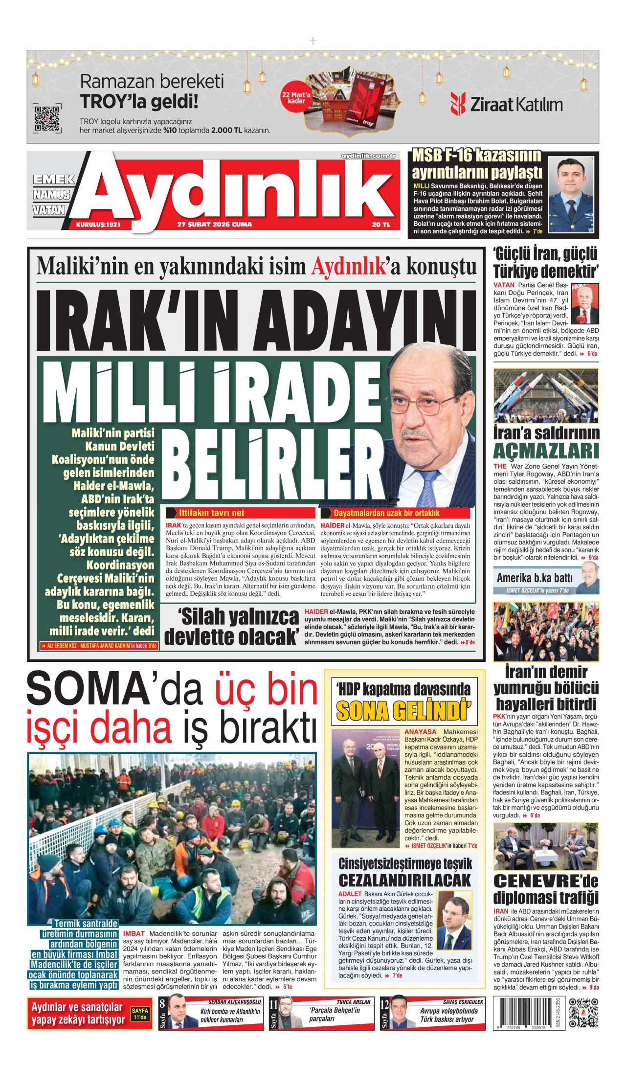 AYDINLIK GAZETESİ gazetesinin 27 Şubat 2026 tarihli birinci sayfası