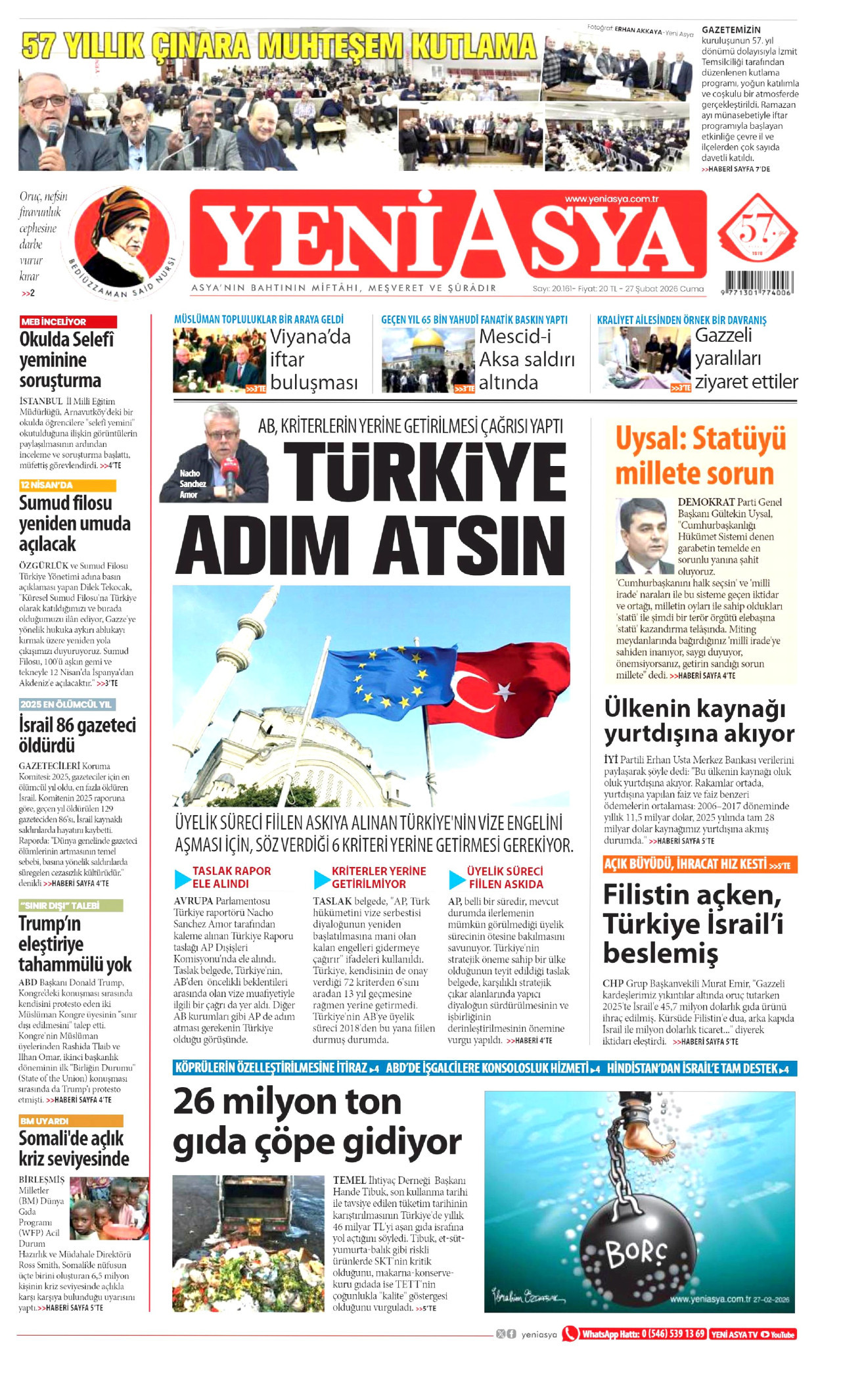 YENİ ASYA gazetesinin 27 Şubat 2026 tarihli birinci sayfası