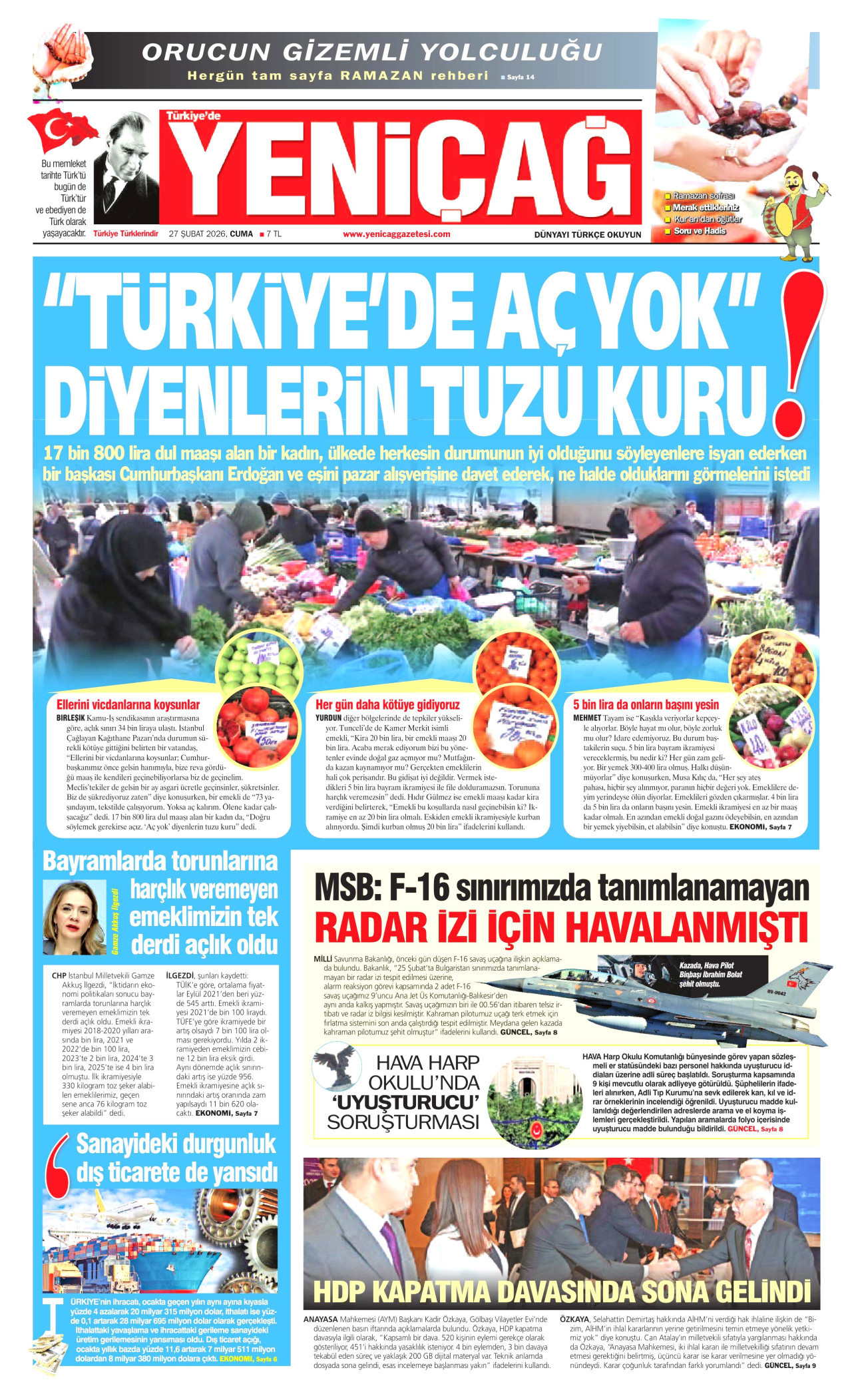 YENİÇAĞ gazetesinin 27 Şubat 2026 tarihli birinci sayfası