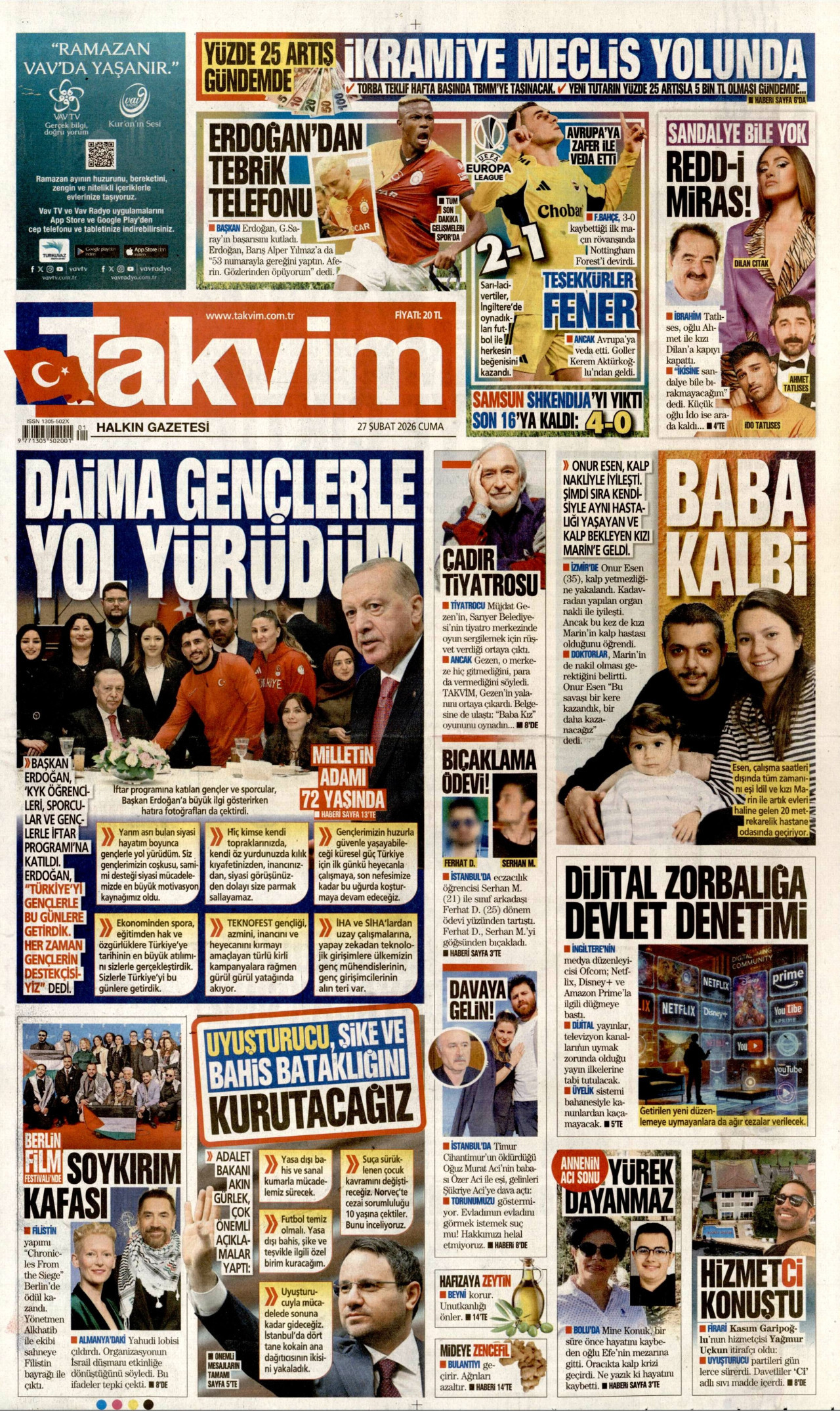 TAKVİM gazetesinin 27 Şubat 2026 tarihli birinci sayfası