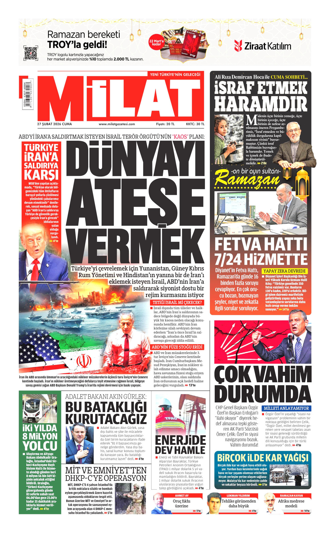 MİLAT gazetesinin 27 Şubat 2026 tarihli birinci sayfası