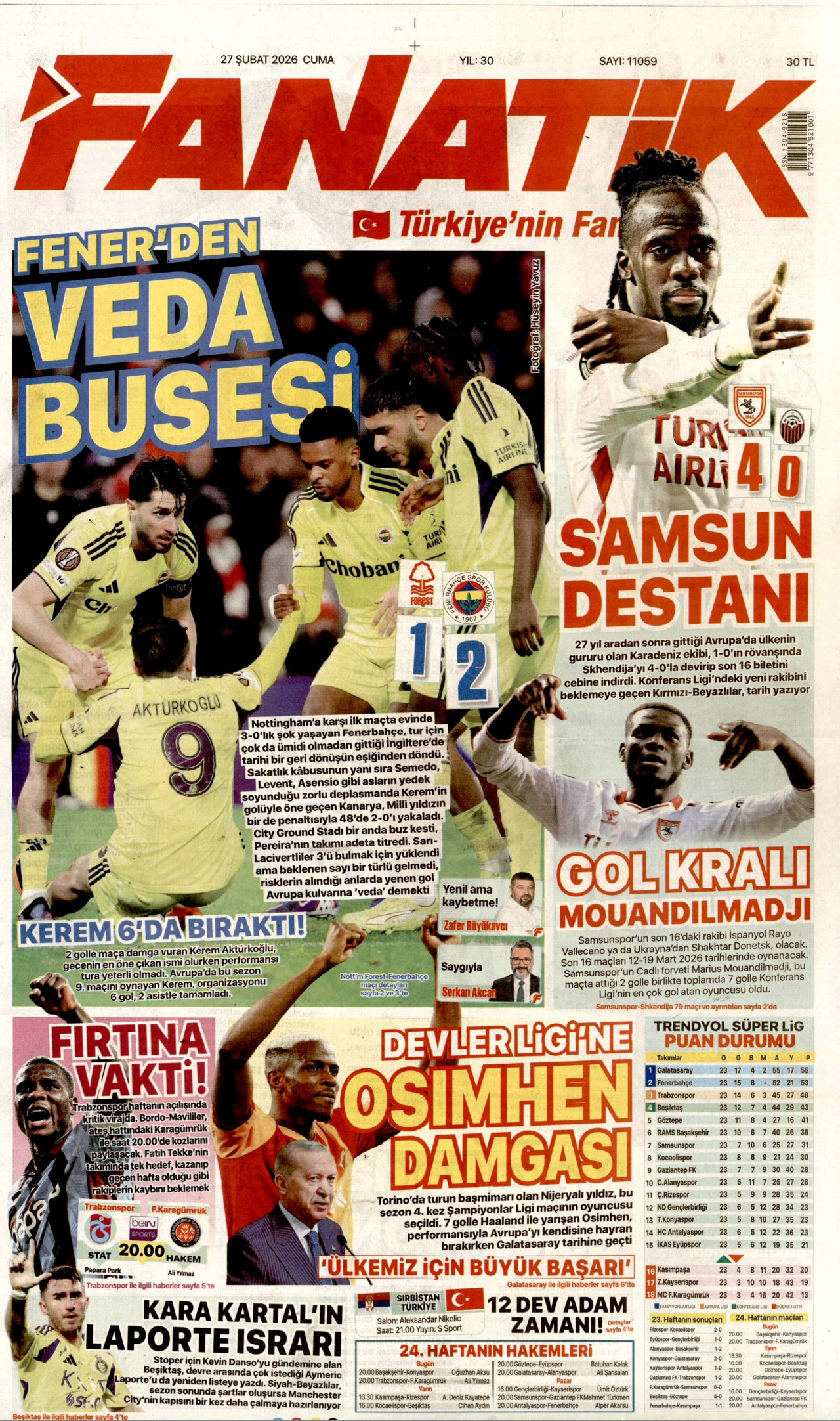FANATİK gazetesinin 27 Şubat 2026 tarihli birinci sayfası