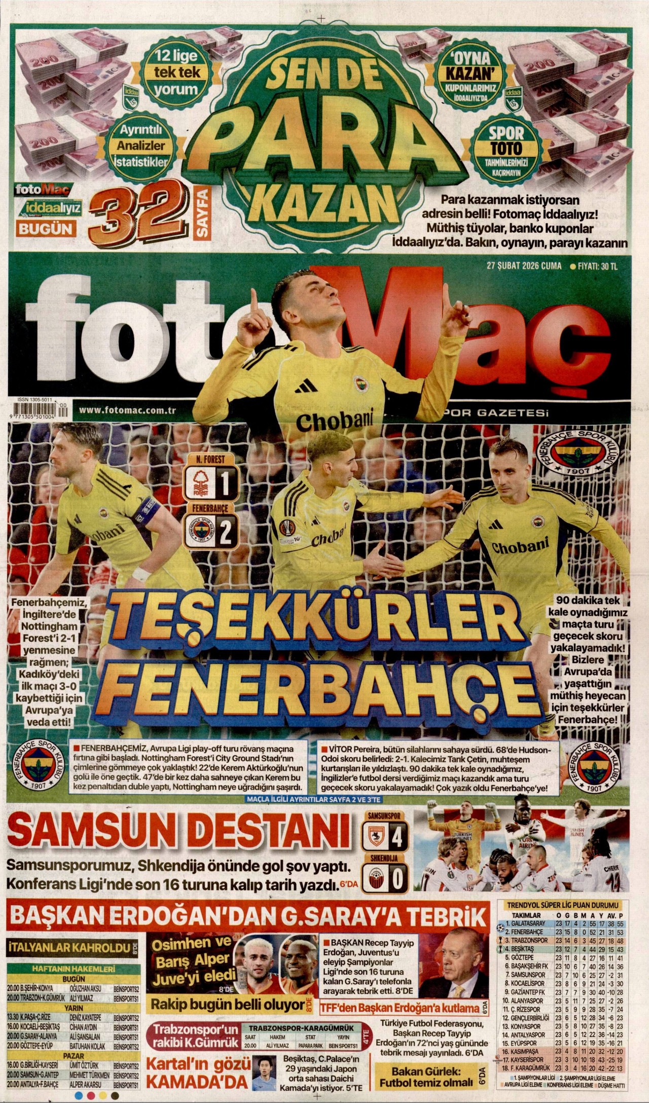 FOTOMAÇ gazetesinin 27 Şubat 2026 tarihli birinci sayfası