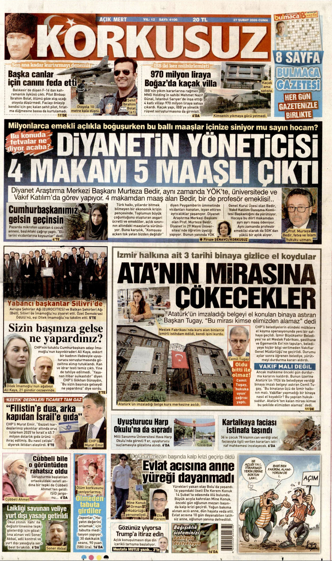 KORKUSUZ gazetesinin 27 Şubat 2026 tarihli birinci sayfası