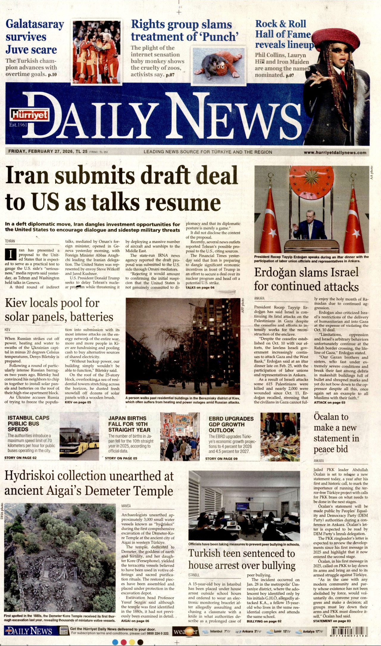HÜRRİYET DAİLY NEWS gazetesinin 27 Şubat 2026 tarihli birinci sayfası