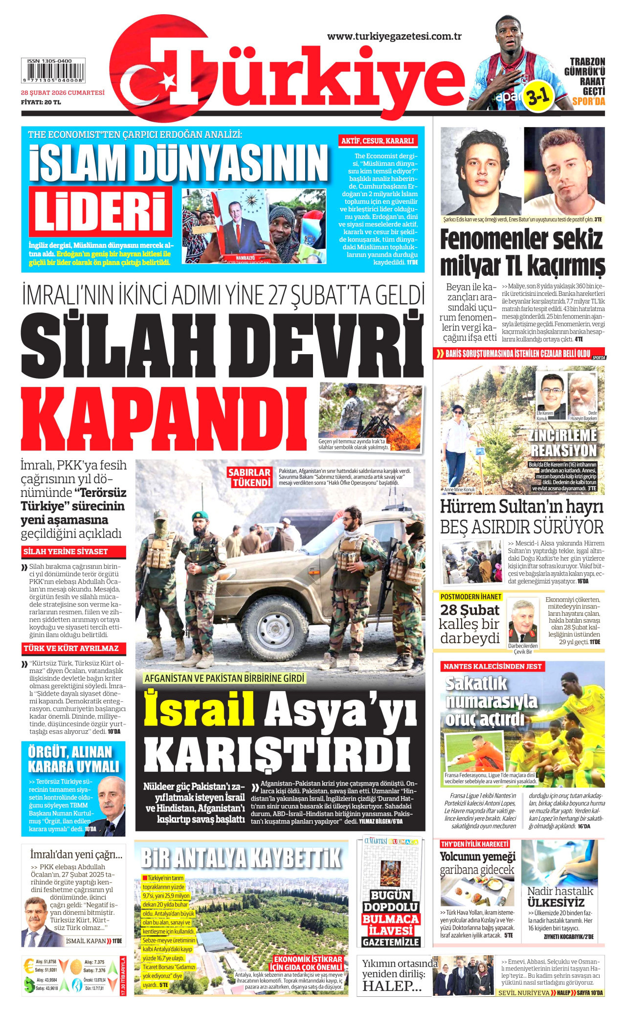 TÜRKİYE GAZETESİ gazetesinin 28 Şubat 2026 tarihli birinci sayfası