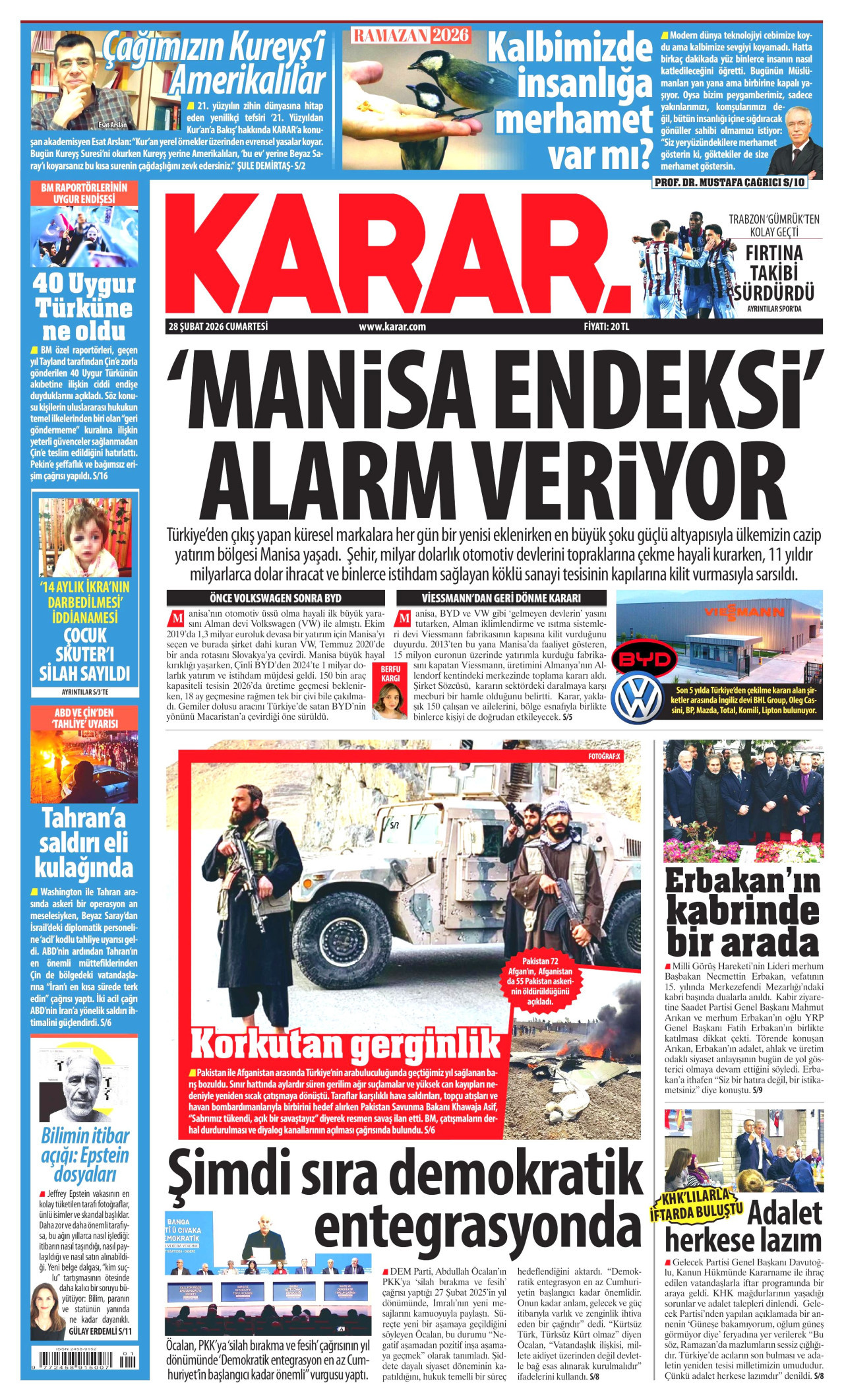 KARAR gazetesinin 28 Şubat 2026 tarihli birinci sayfası