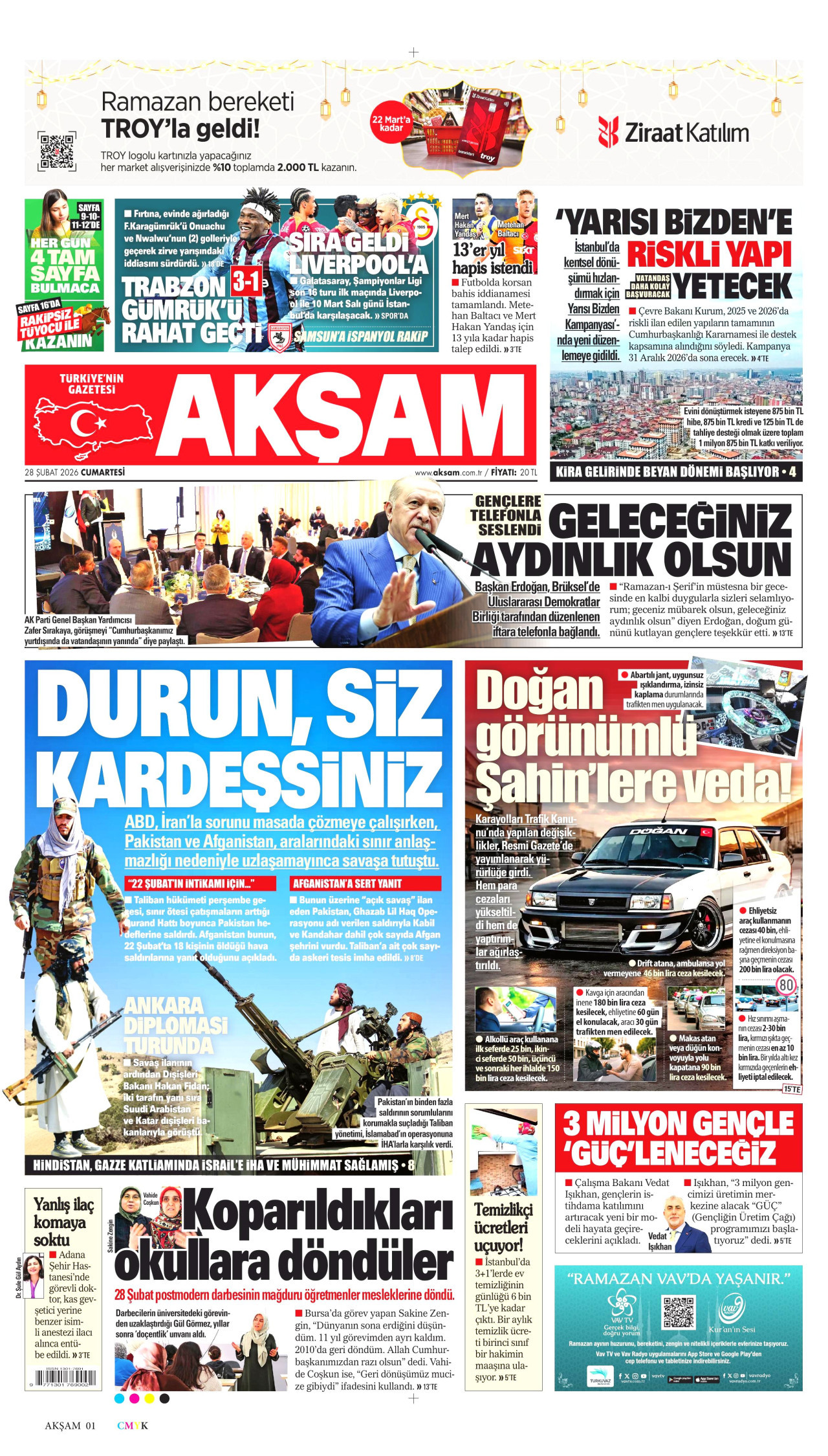 AKŞAM gazetesinin 28 Şubat 2026 tarihli birinci sayfası