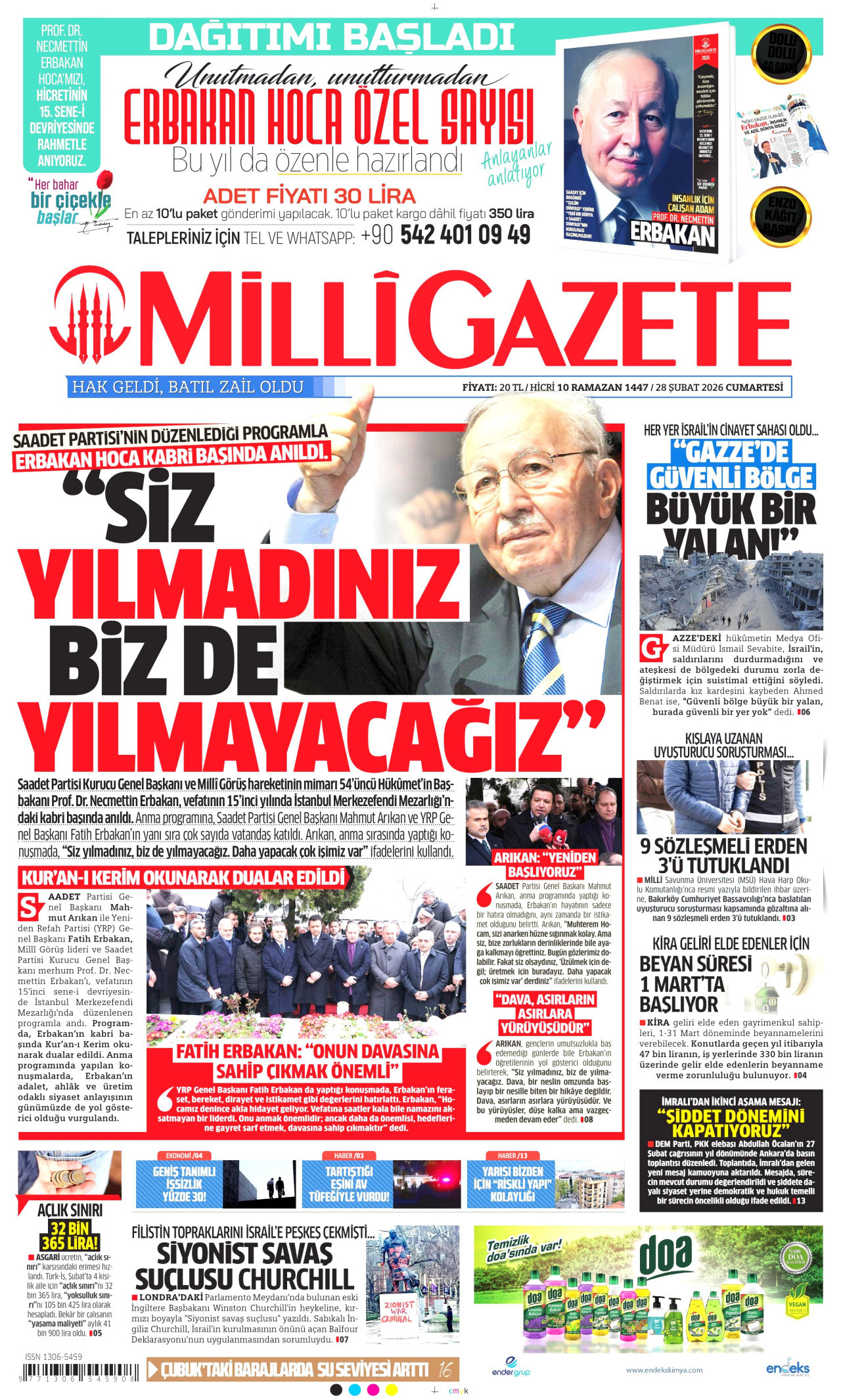 MİLLİ GAZETE gazetesinin 28 Şubat 2026 tarihli birinci sayfası