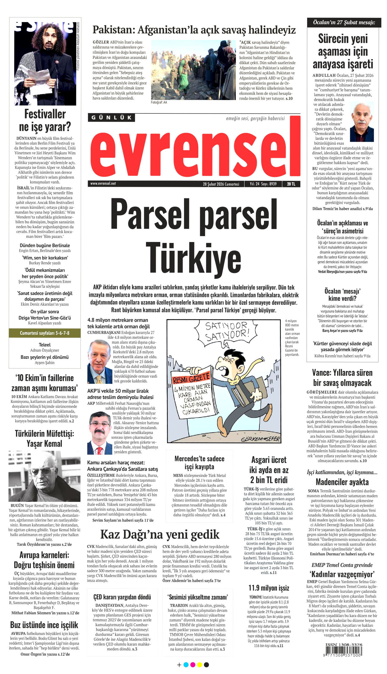 EVRENSEL gazetesinin 28 Şubat 2026 tarihli birinci sayfası
