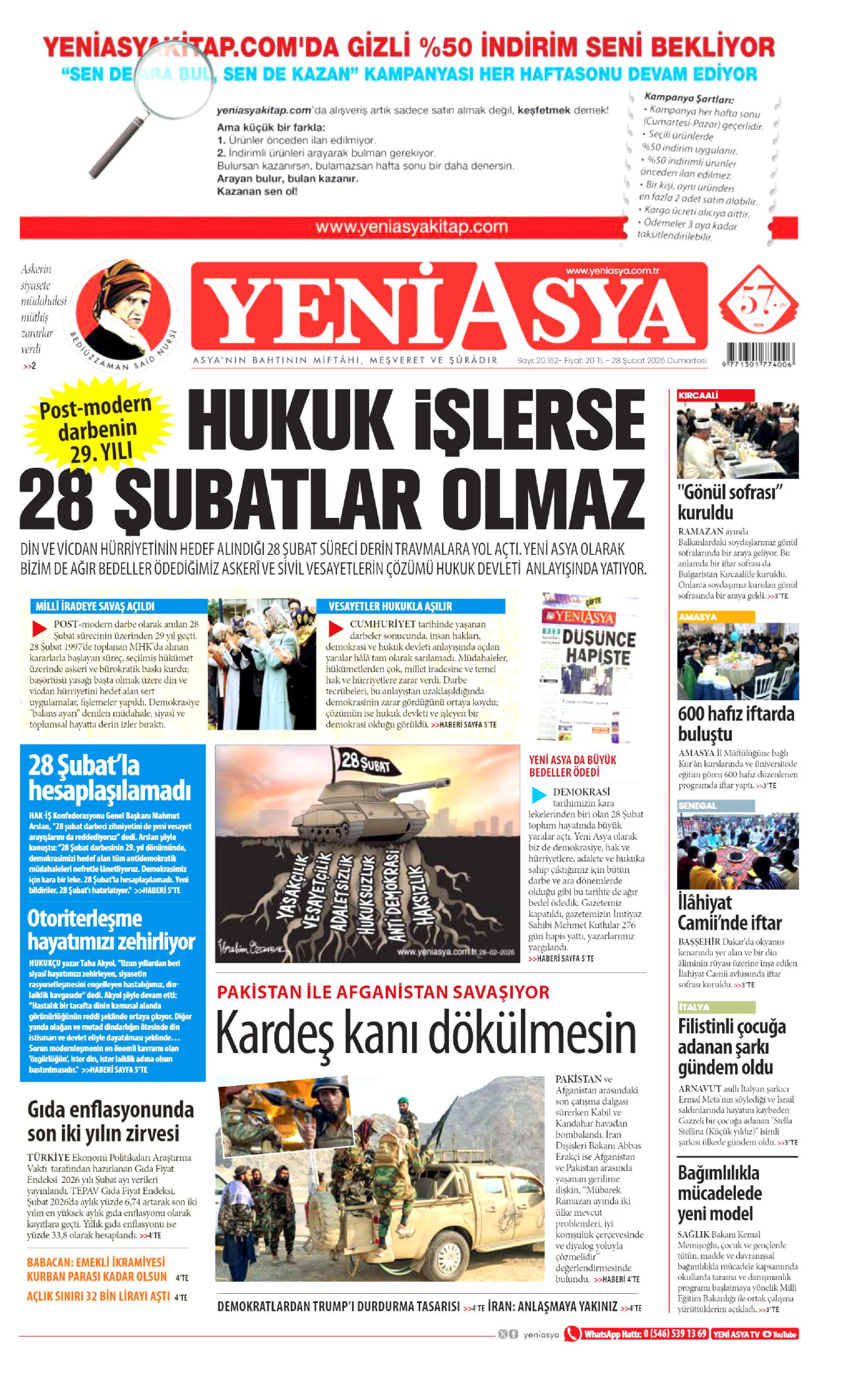 YENİ ASYA gazetesinin 28 Şubat 2026 tarihli birinci sayfası