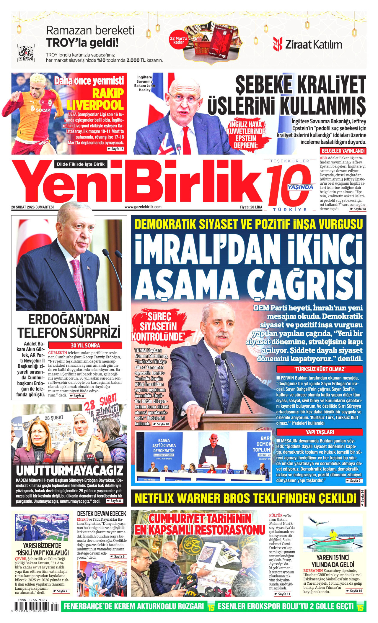 YENİBİRLİK gazetesinin 28 Şubat 2026 tarihli birinci sayfası