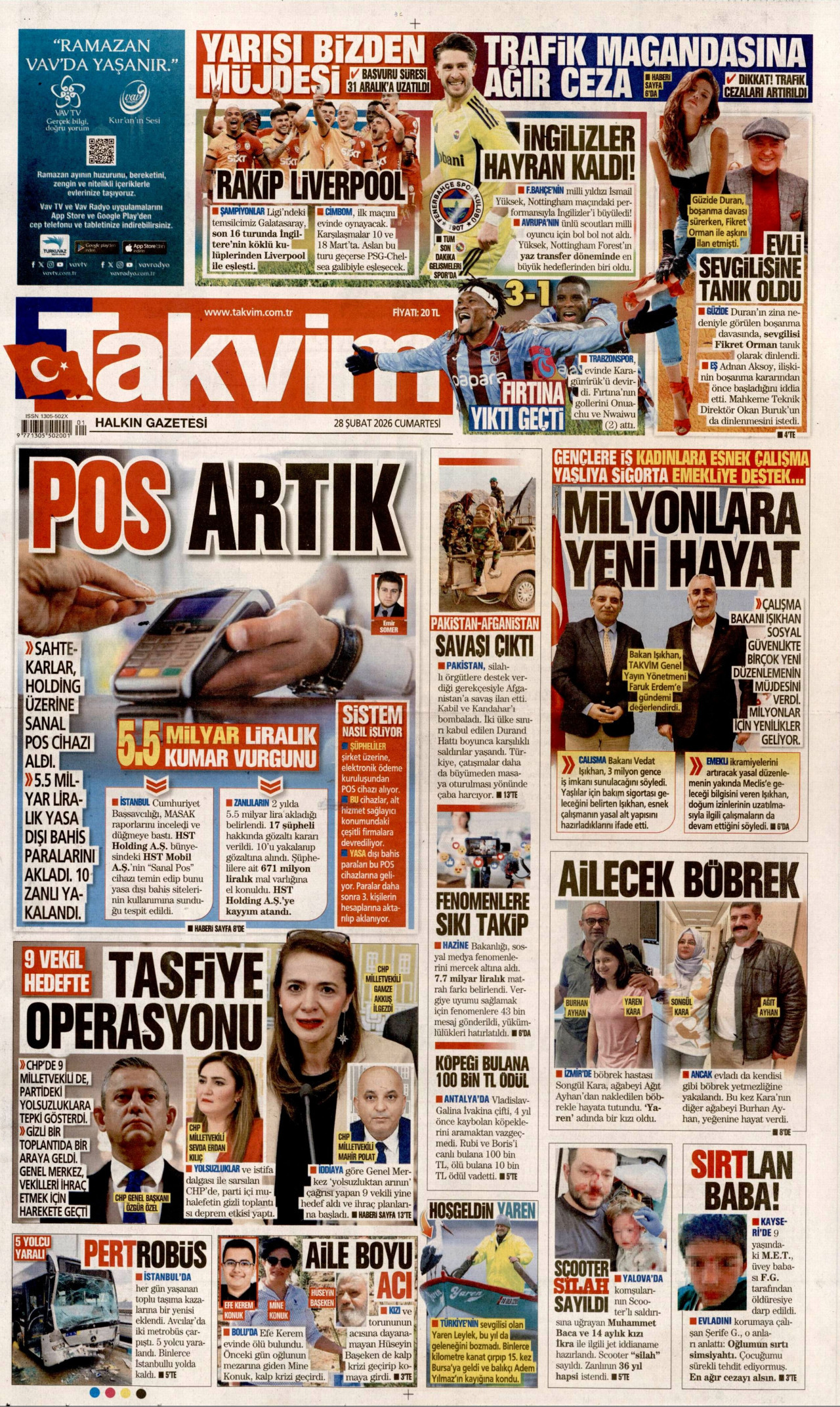 TAKVİM gazetesinin 28 Şubat 2026 tarihli birinci sayfası