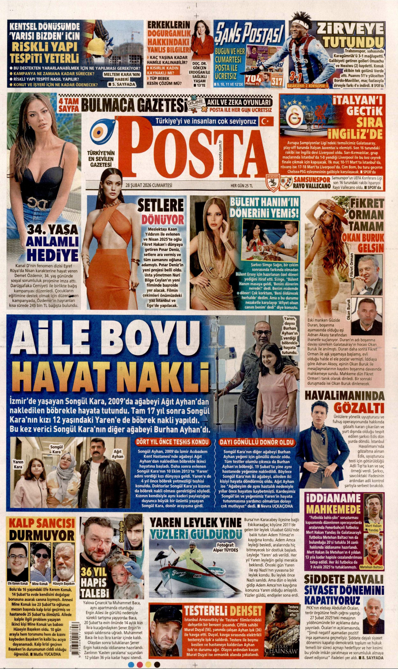 POSTA gazetesinin 28 Şubat 2026 tarihli birinci sayfası