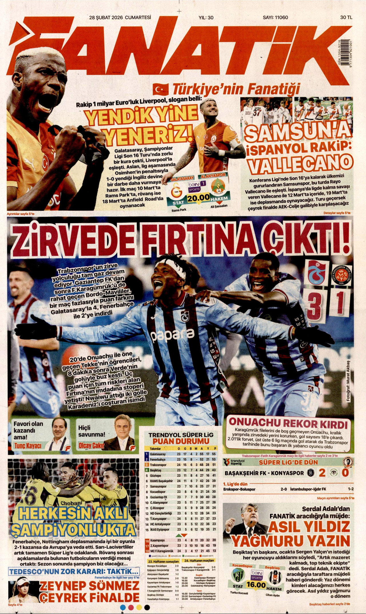 FANATİK gazetesinin 28 Şubat 2026 tarihli birinci sayfası