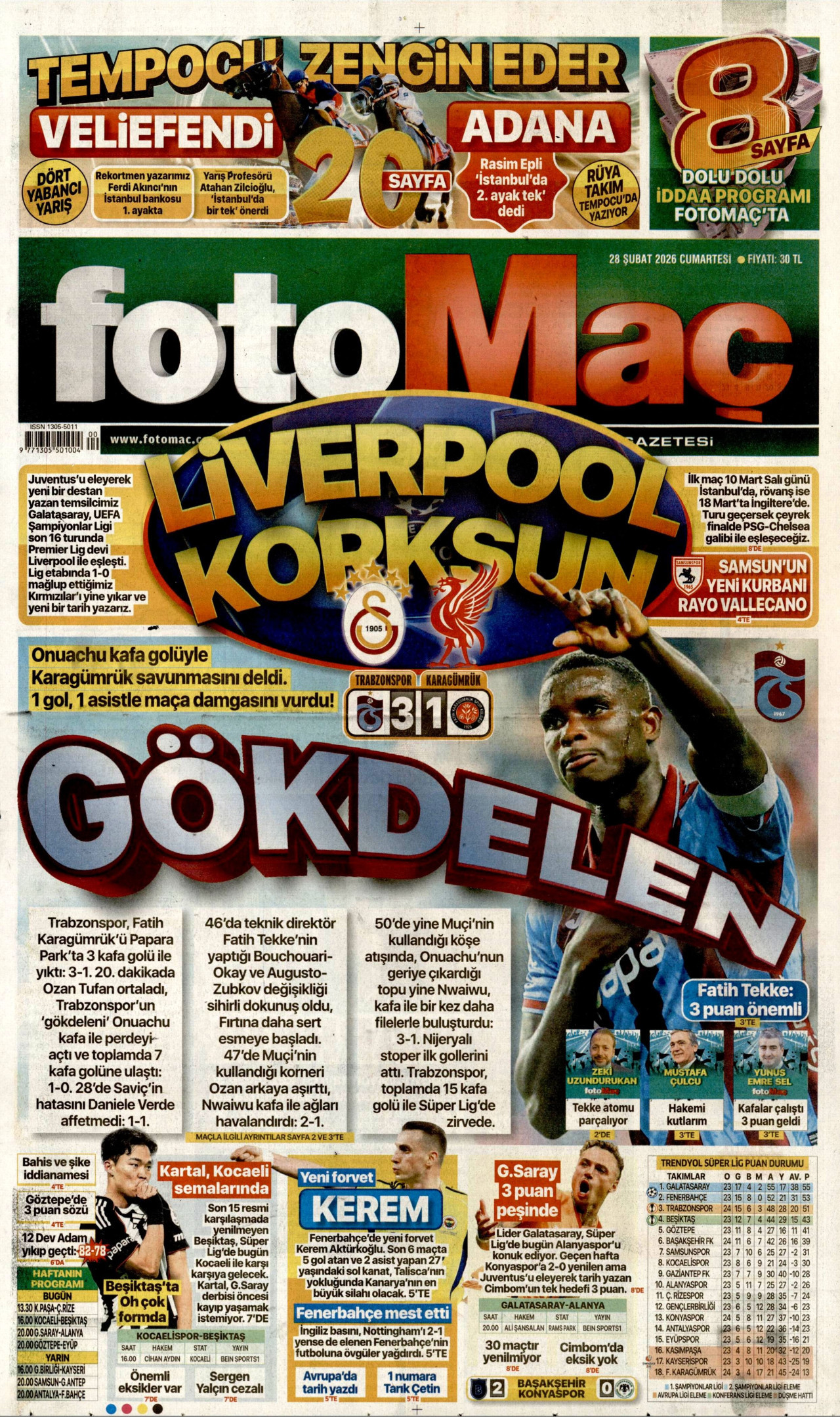 FOTOMAÇ gazetesinin 28 Şubat 2026 tarihli birinci sayfası