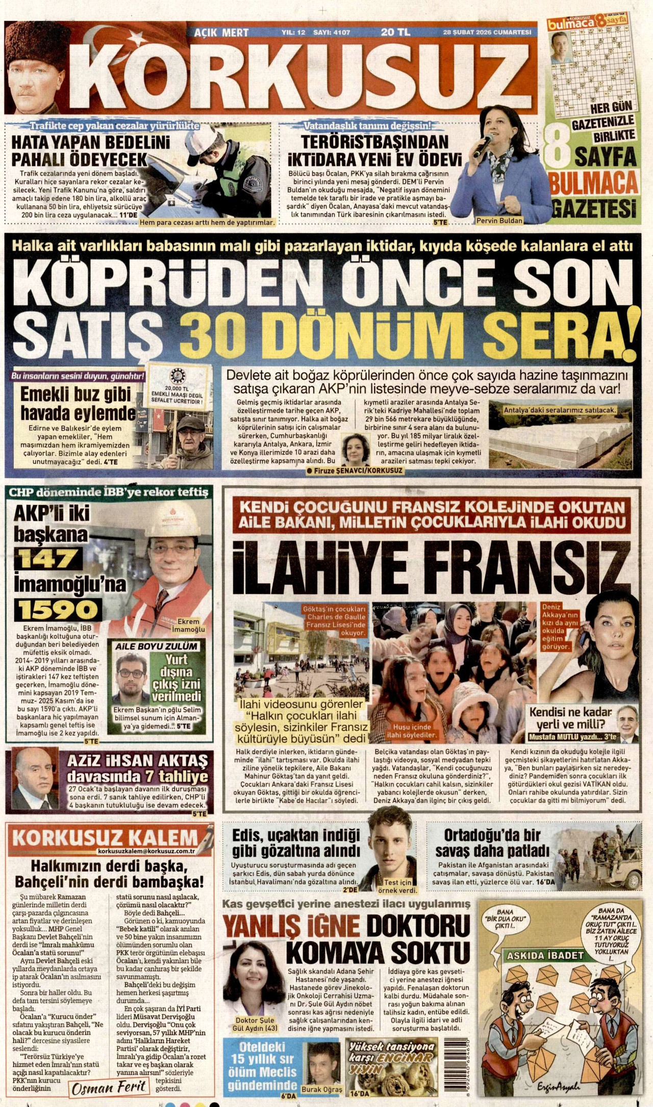 KORKUSUZ gazetesinin 28 Şubat 2026 tarihli birinci sayfası