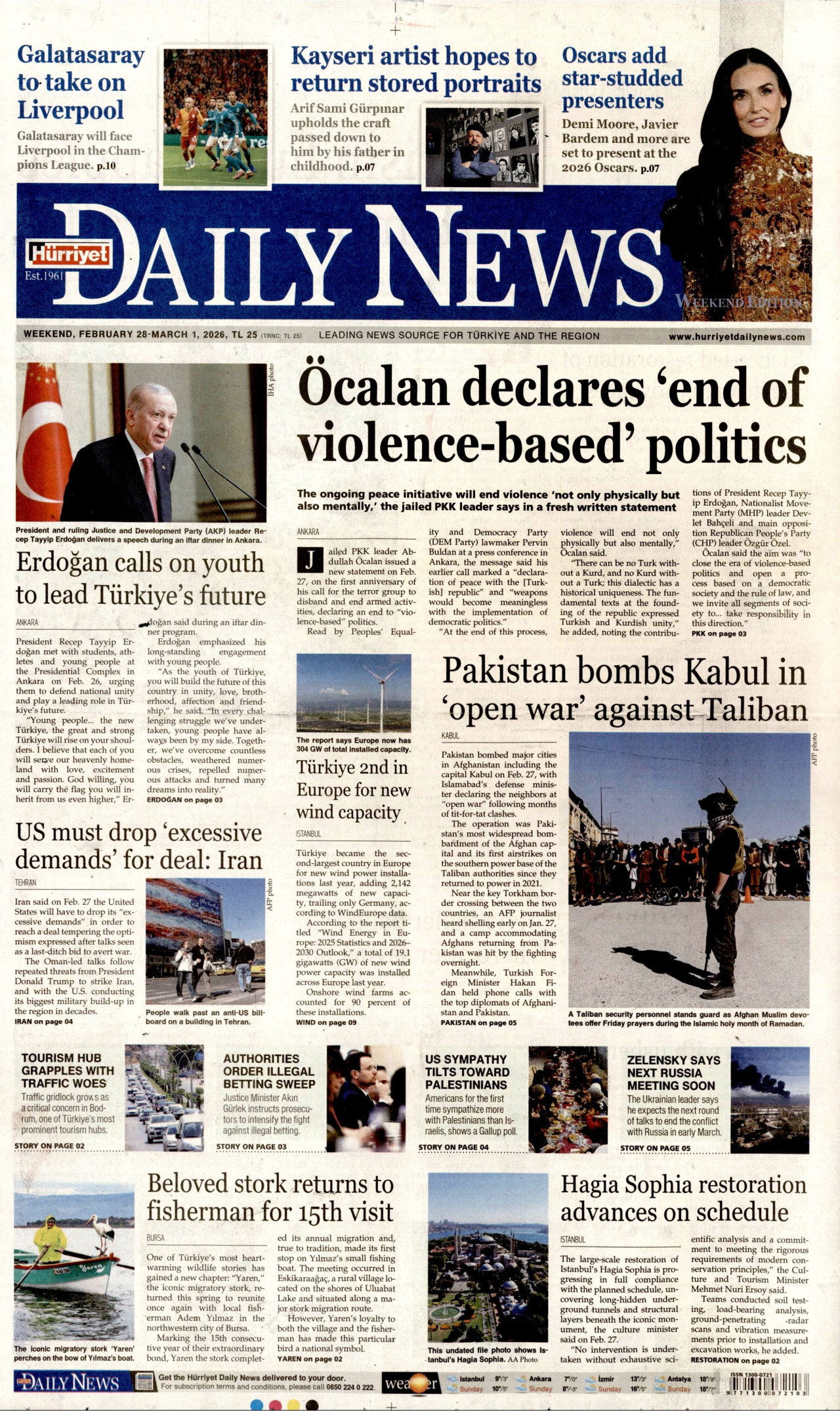 HÜRRİYET DAİLY NEWS gazetesinin 28 Şubat 2026 tarihli birinci sayfası
