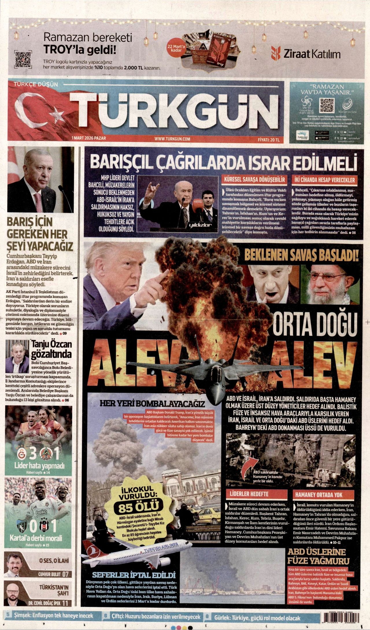 TÜRKGÜN gazetesinin 1 Mart 2026 tarihli birinci sayfası