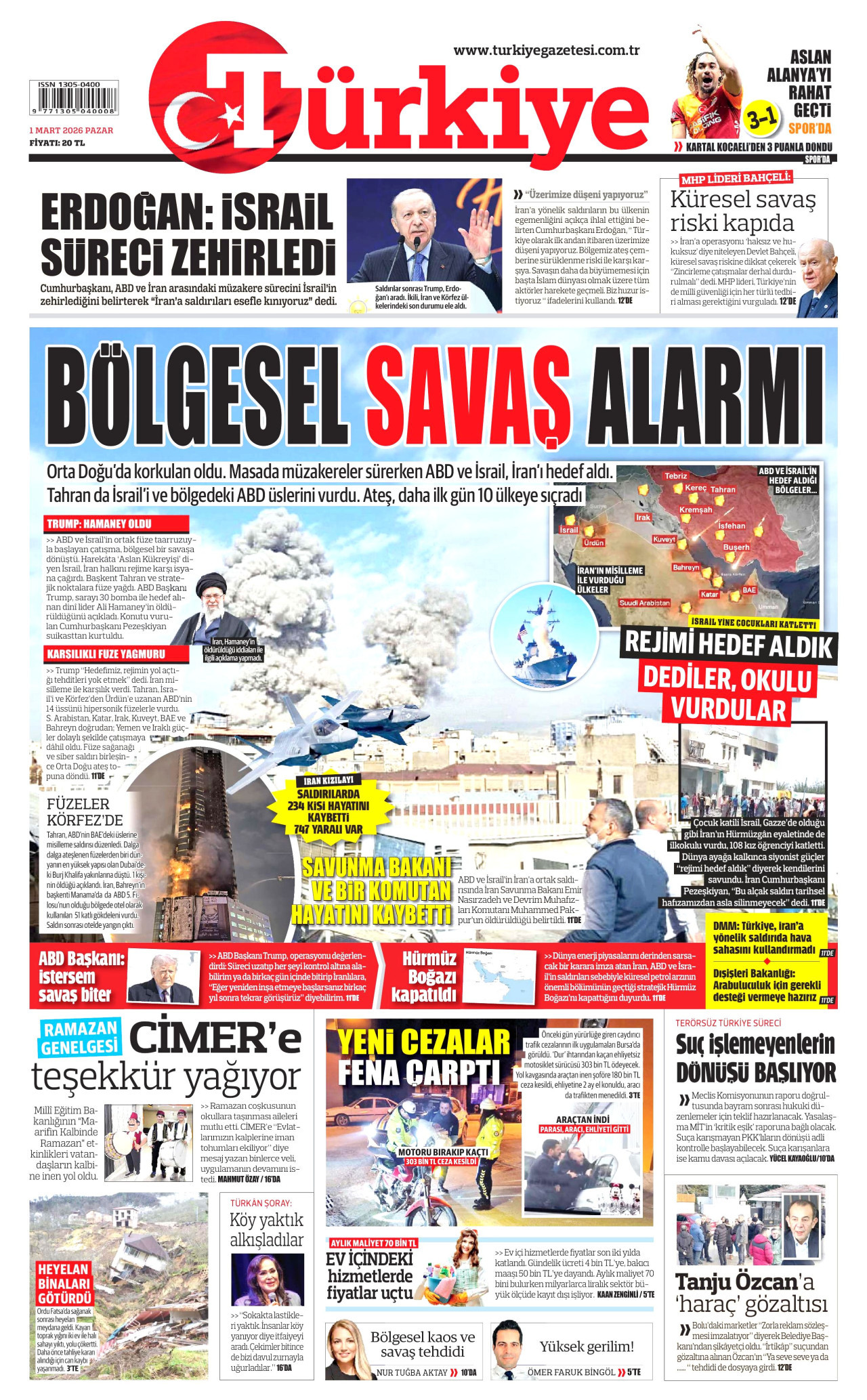 TÜRKİYE GAZETESİ gazetesinin 1 Mart 2026 tarihli birinci sayfası