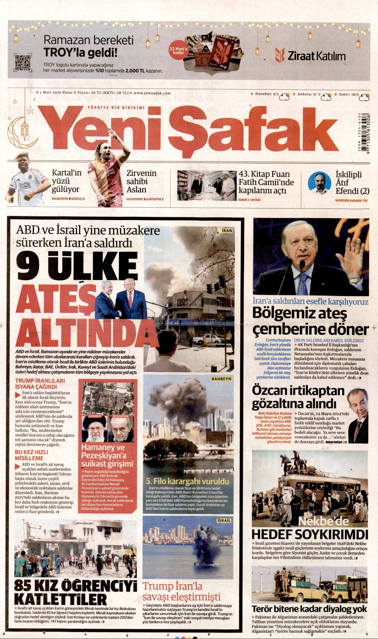 YENİ ŞAFAK gazetesinin 1 Mart 2026 tarihli birinci sayfası
