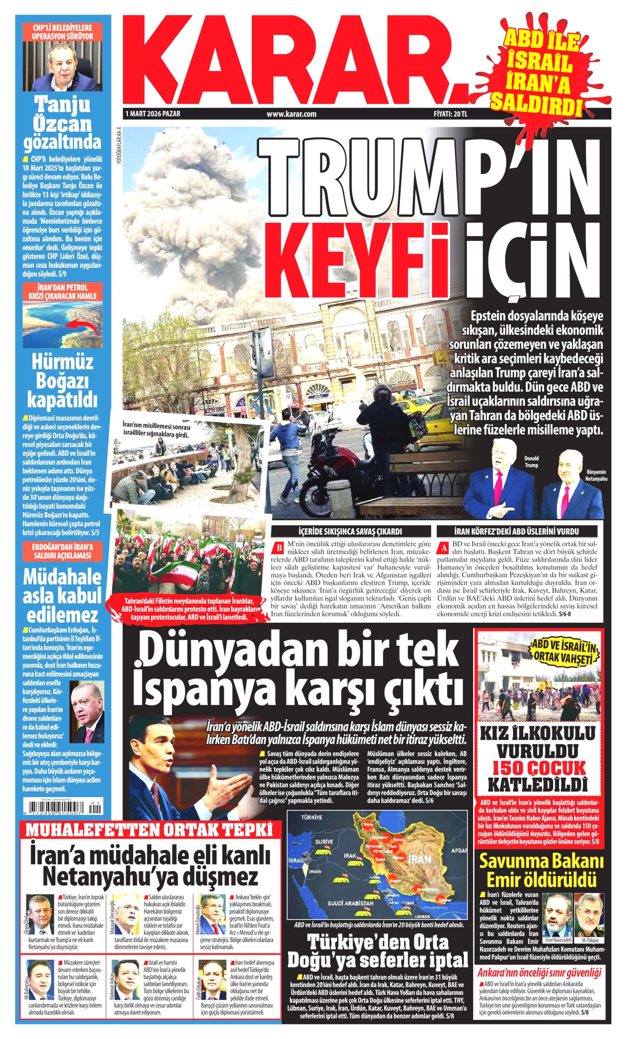 KARAR gazetesinin 1 Mart 2026 tarihli birinci sayfası