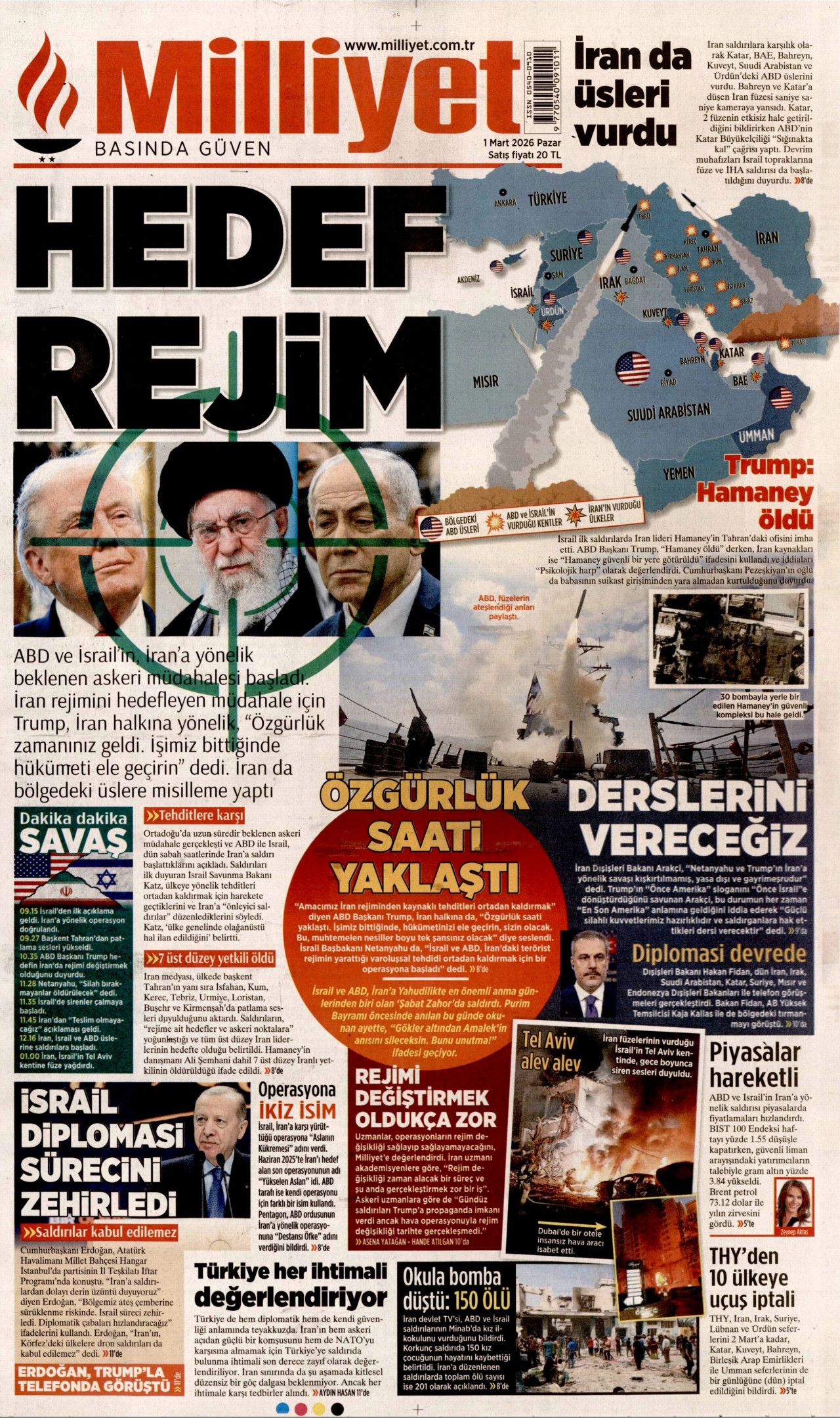 MİLLİYET gazetesinin 1 Mart 2026 tarihli birinci sayfası
