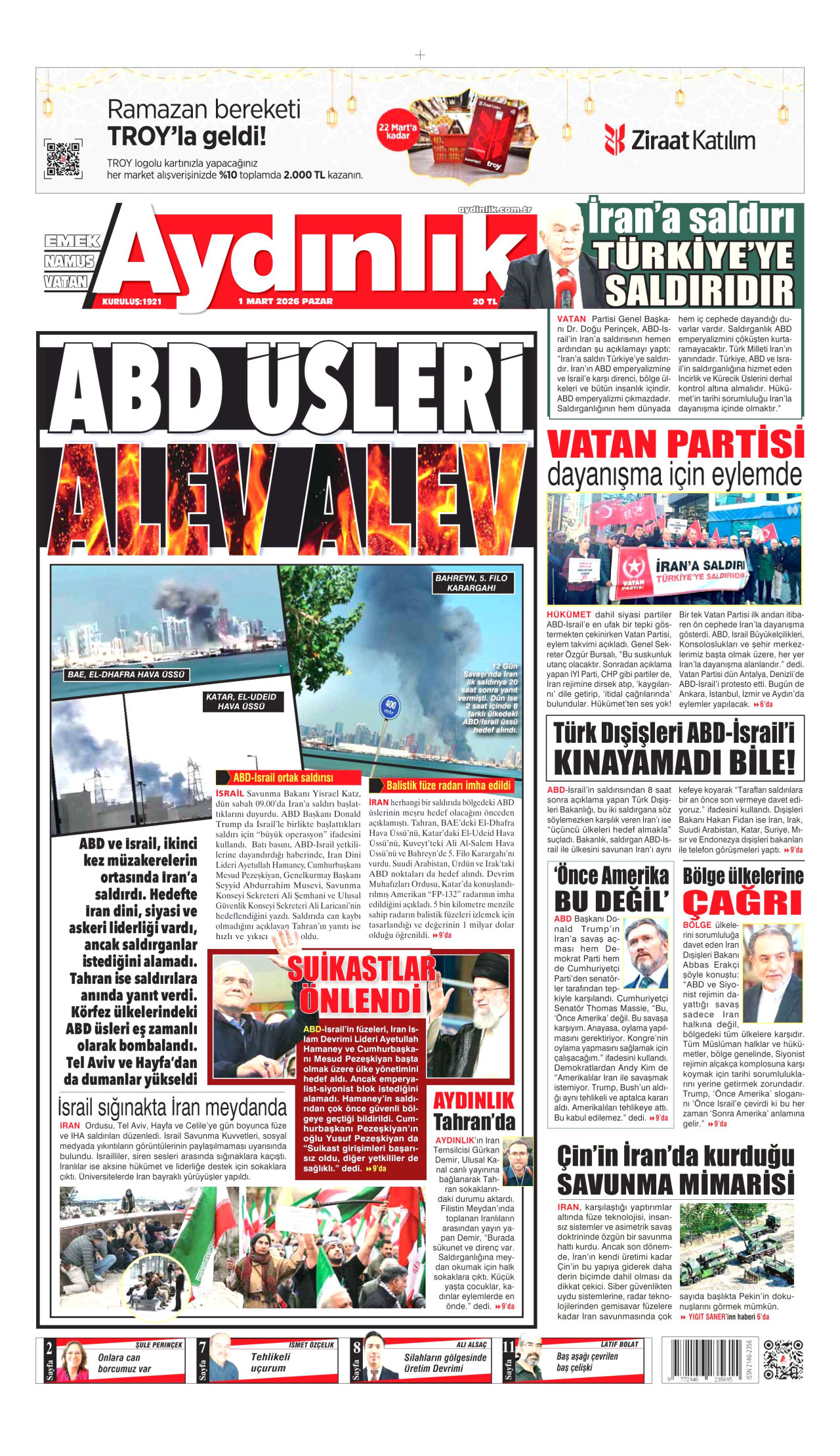 AYDINLIK GAZETESİ gazetesinin 1 Mart 2026 tarihli birinci sayfası