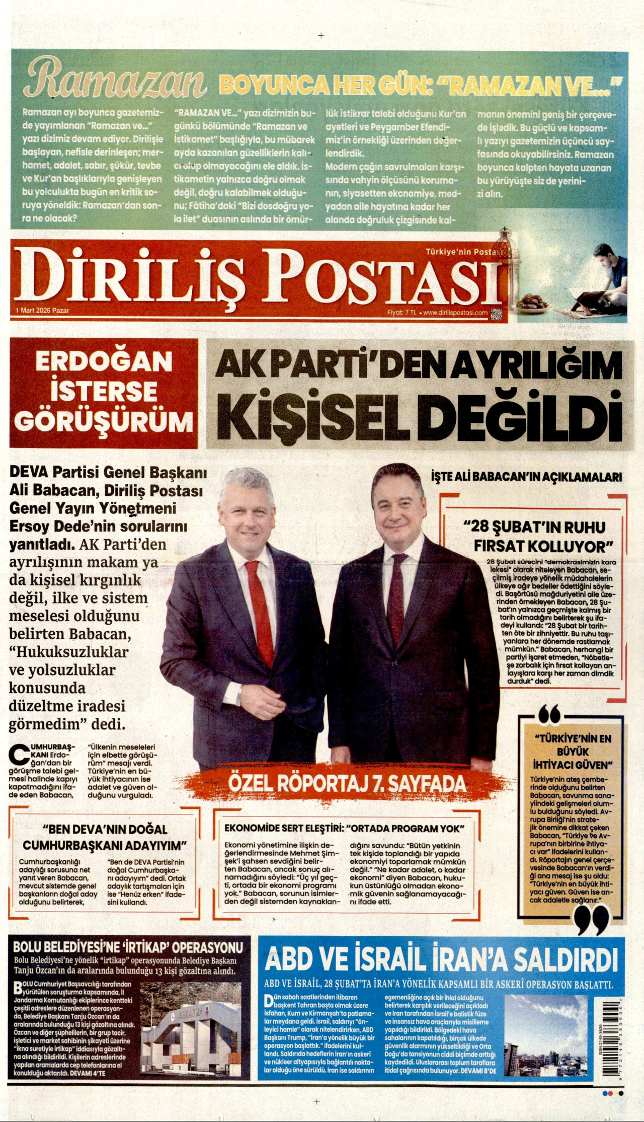 DİRİLİŞ POSTASI gazetesinin 1 Mart 2026 tarihli birinci sayfası