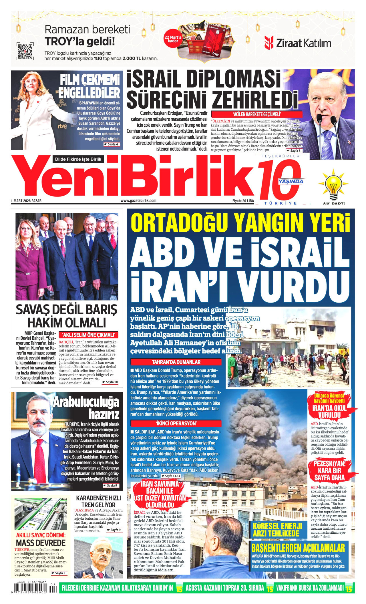 YENİBİRLİK gazetesinin 1 Mart 2026 tarihli birinci sayfası
