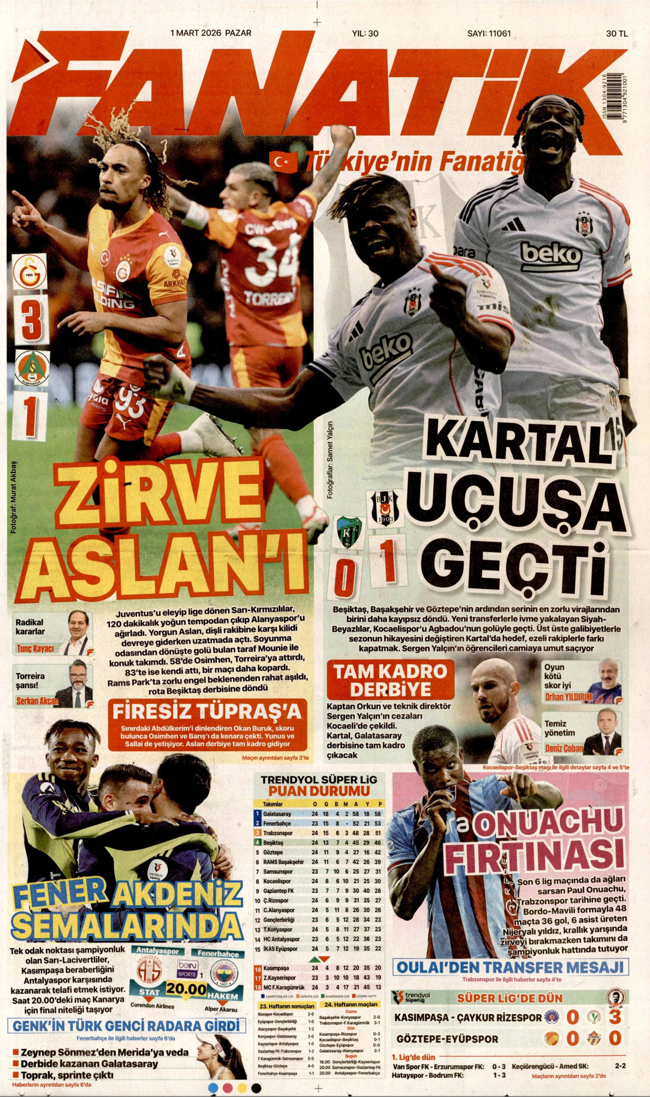 FANATİK gazetesinin 1 Mart 2026 tarihli birinci sayfası