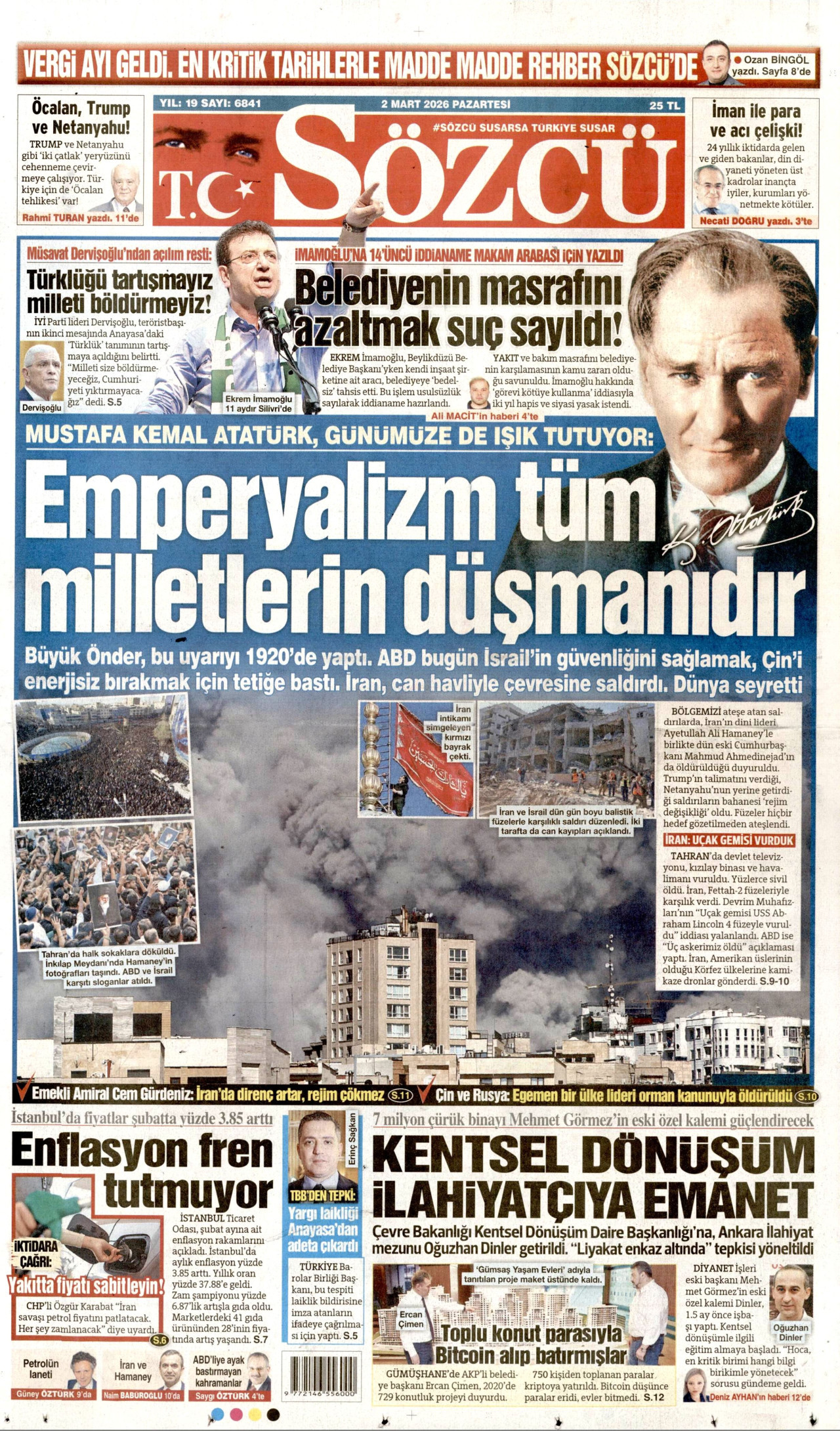 SÖZCÜ gazetesinin 2 Mart 2026 tarihli birinci sayfası