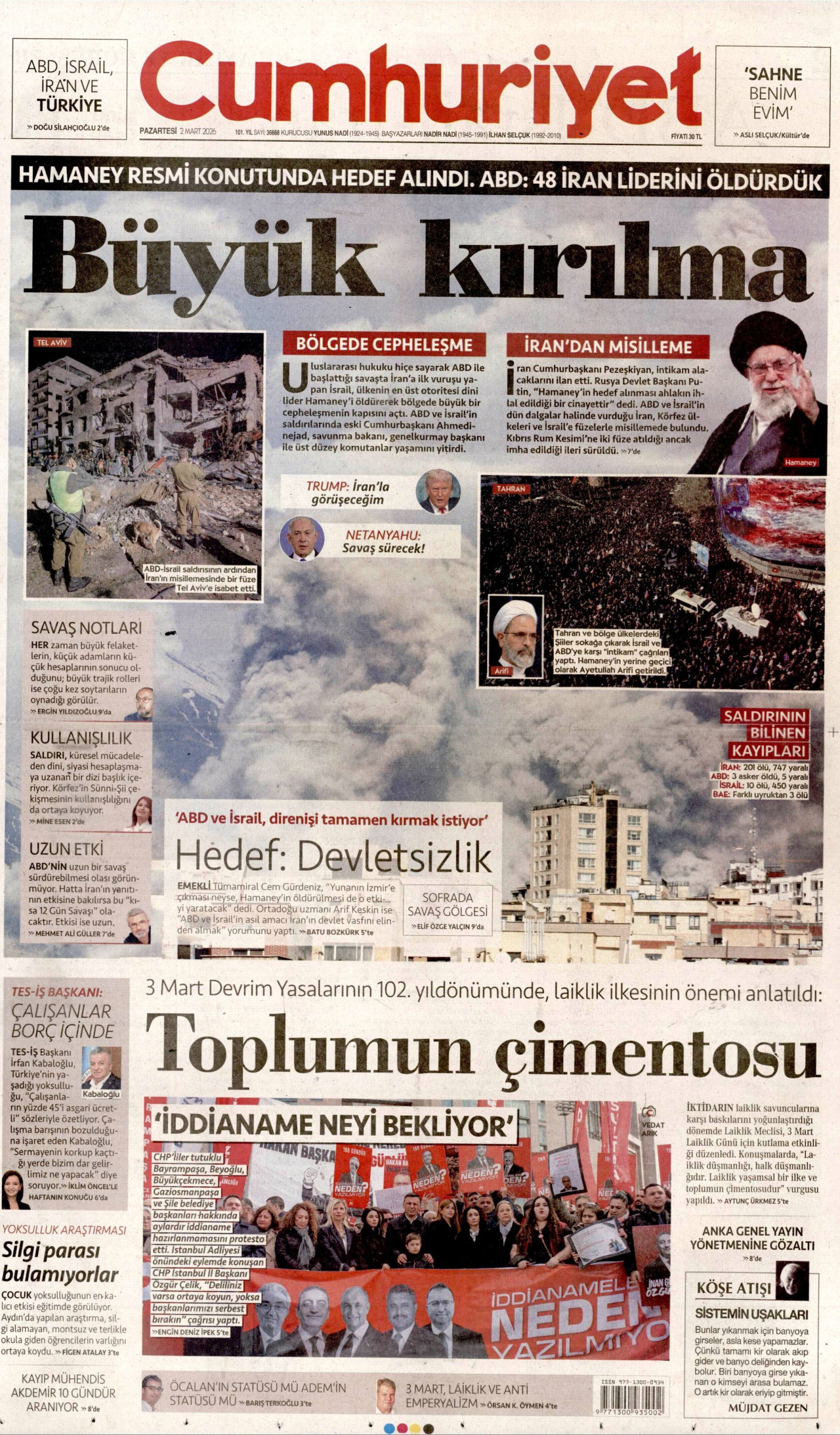 CUMHURİYET gazetesinin 2 Mart 2026 tarihli birinci sayfası