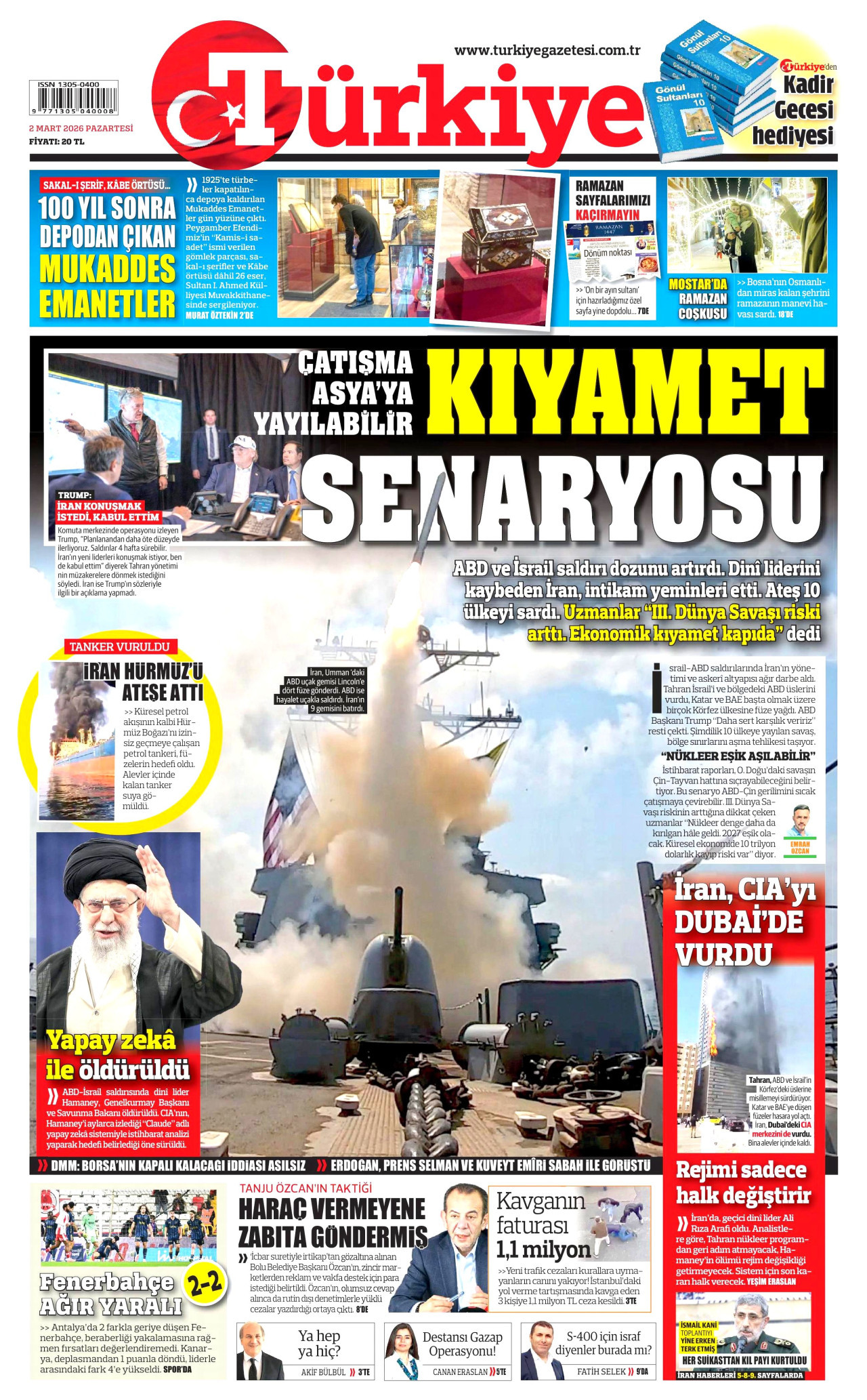 TÜRKİYE GAZETESİ gazetesinin 2 Mart 2026 tarihli birinci sayfası