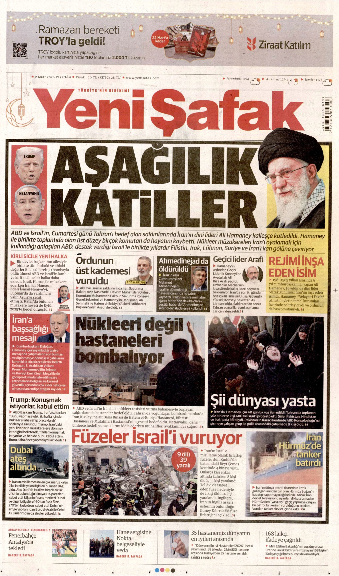 YENİ ŞAFAK gazetesinin 2 Mart 2026 tarihli birinci sayfası