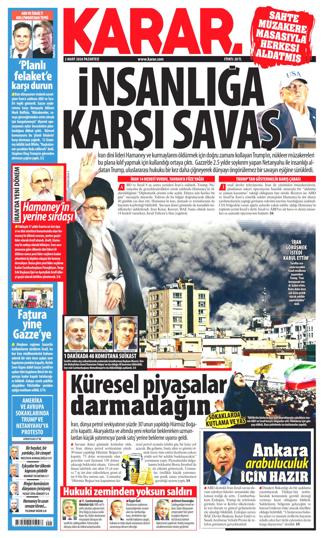 KARAR gazetesinin 2 Mart 2026 tarihli birinci sayfası