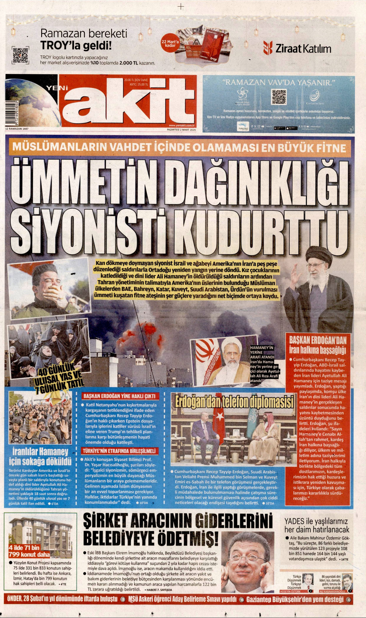 YENİ AKİT gazetesinin 2 Mart 2026 tarihli birinci sayfası