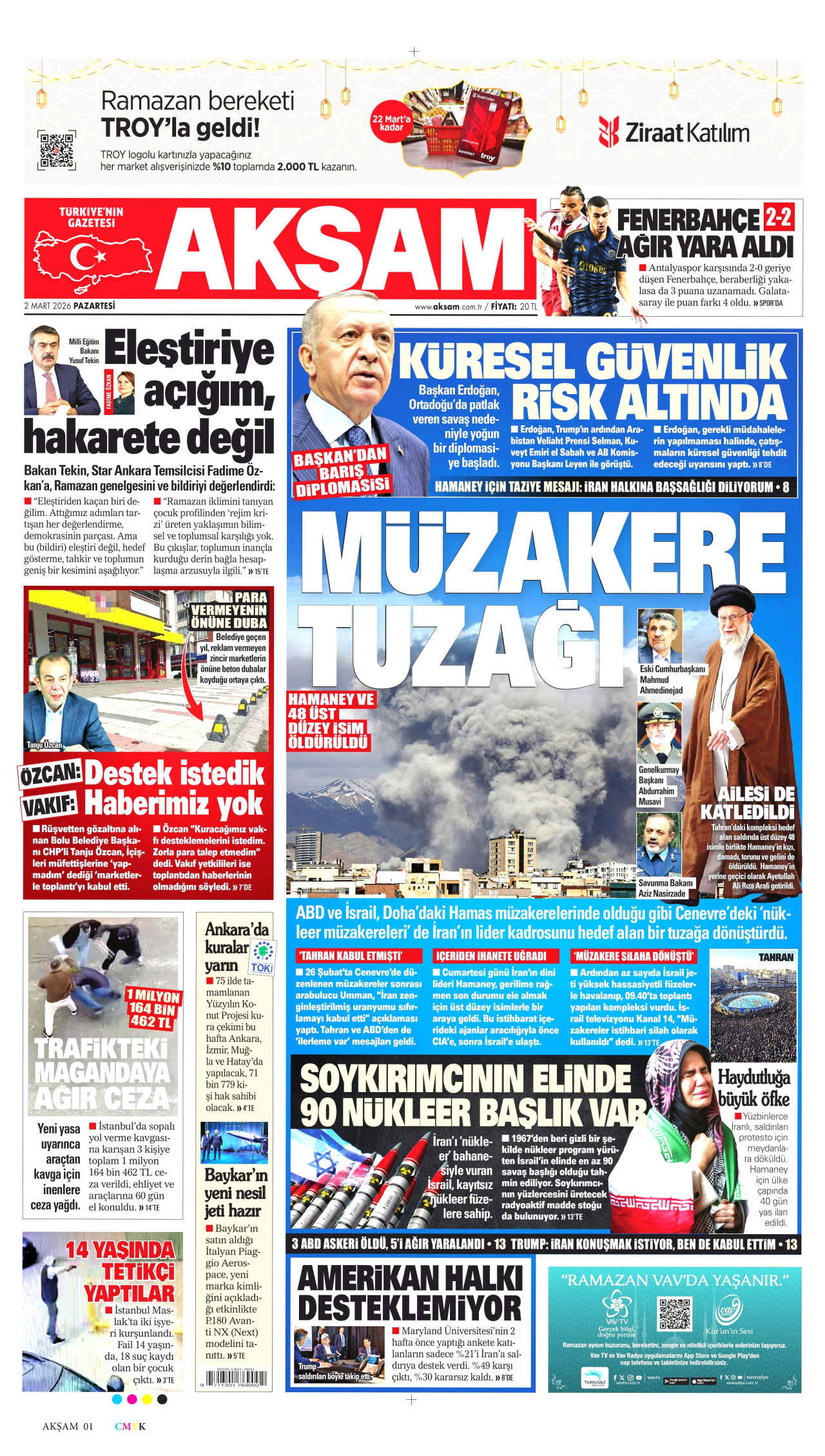 AKŞAM gazetesinin 2 Mart 2026 tarihli birinci sayfası