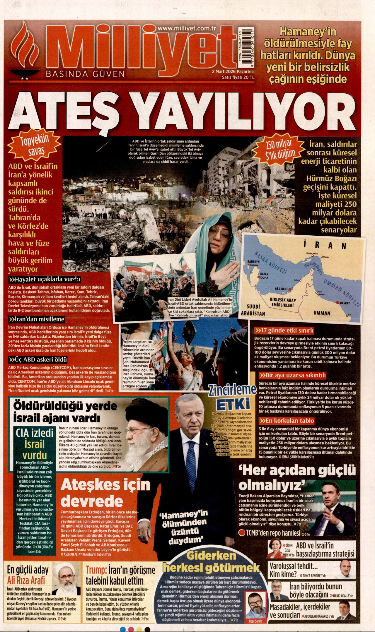 MİLLİYET gazetesinin 2 Mart 2026 tarihli birinci sayfası