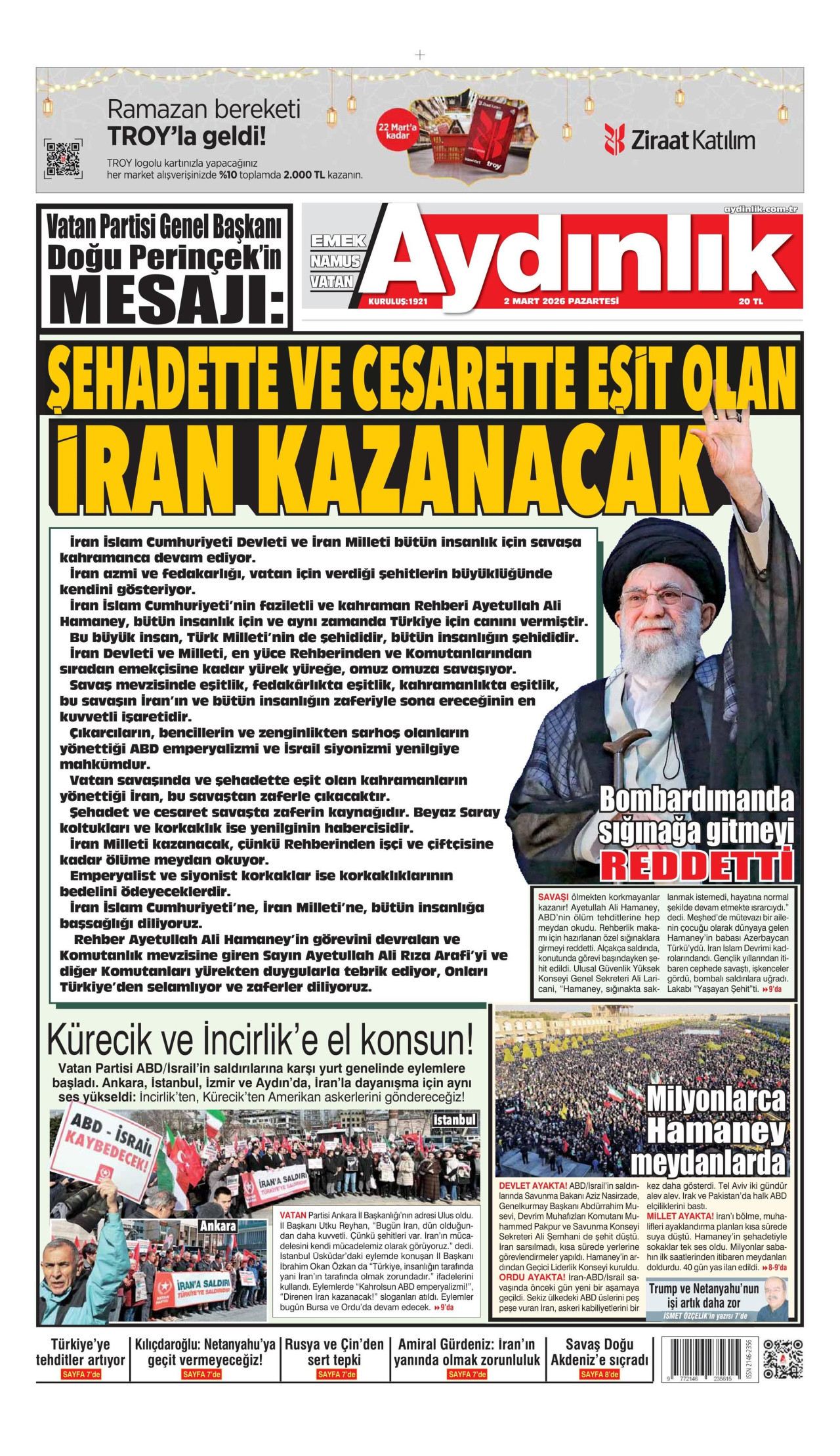 AYDINLIK GAZETESİ gazetesinin 2 Mart 2026 tarihli birinci sayfası