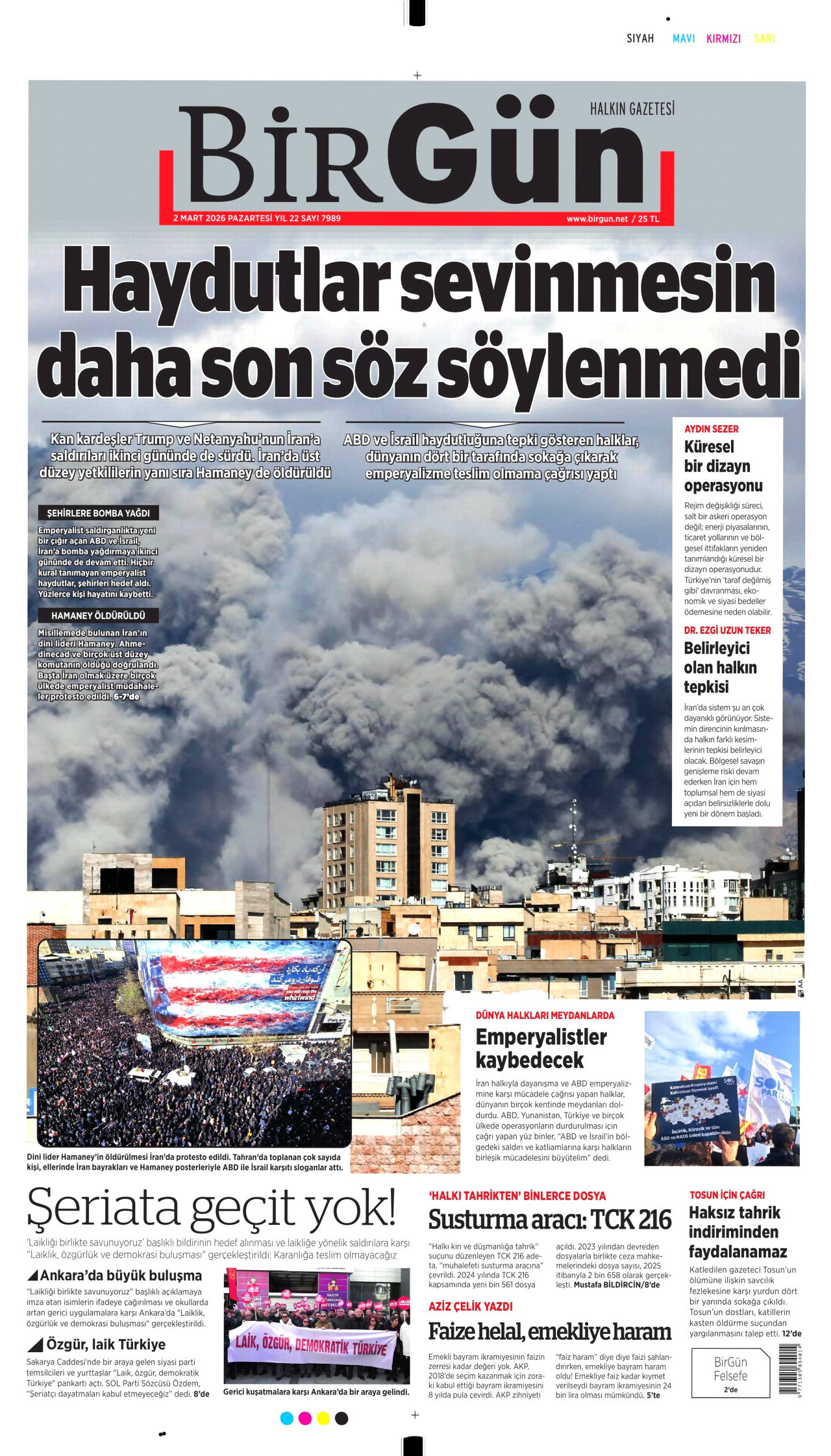 BİRGÜN gazetesinin 2 Mart 2026 tarihli birinci sayfası