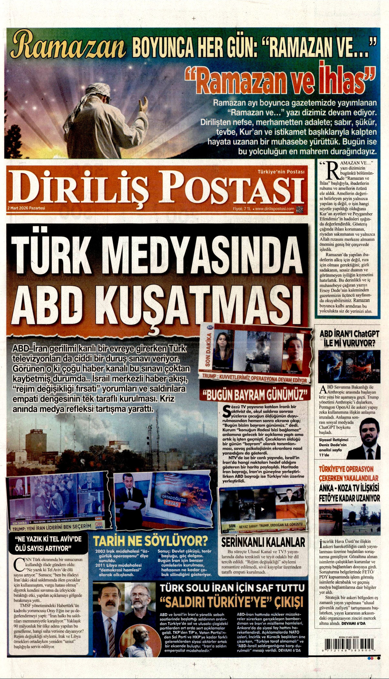 DİRİLİŞ POSTASI gazetesinin 2 Mart 2026 tarihli birinci sayfası