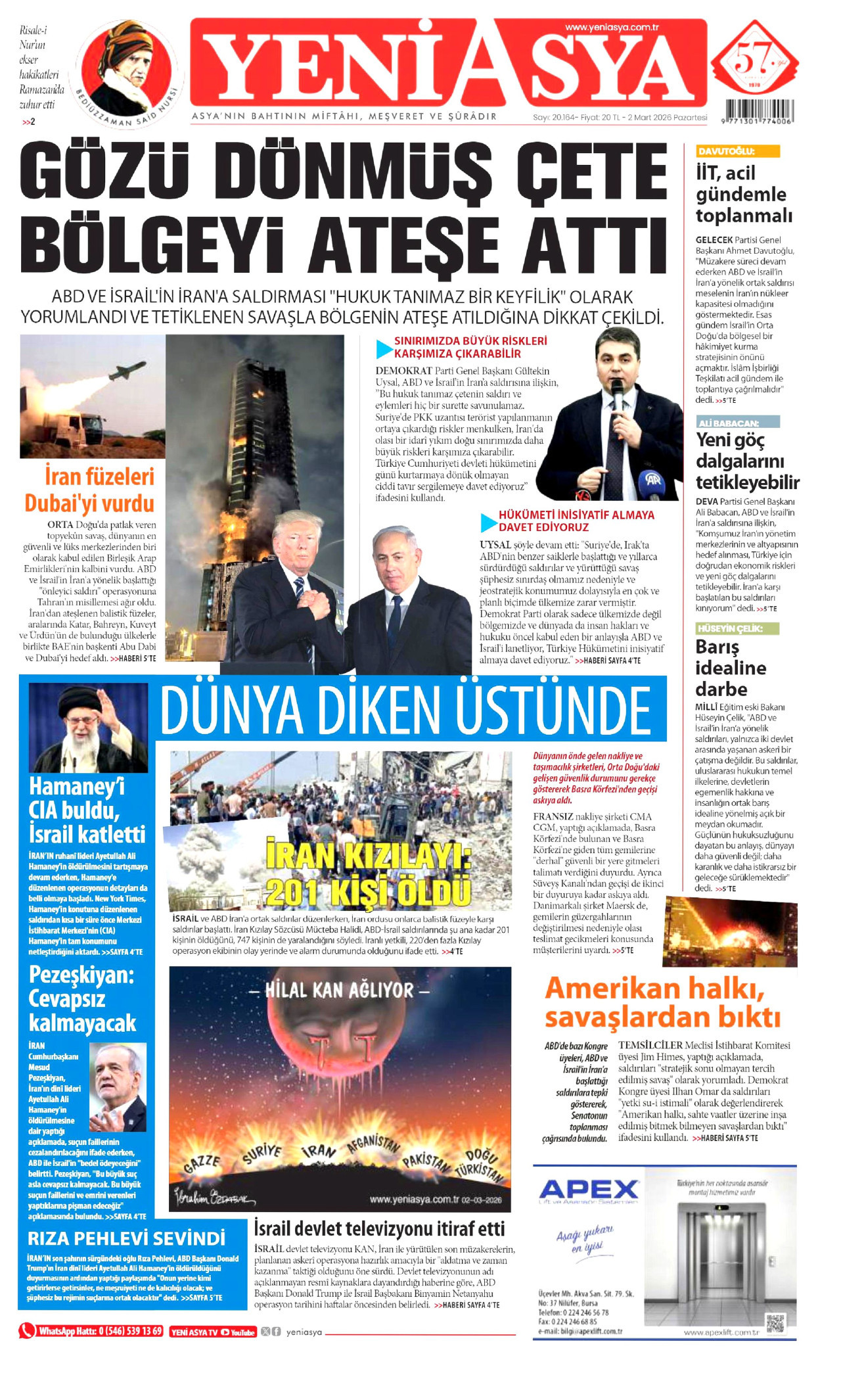 YENİ ASYA gazetesinin 2 Mart 2026 tarihli birinci sayfası