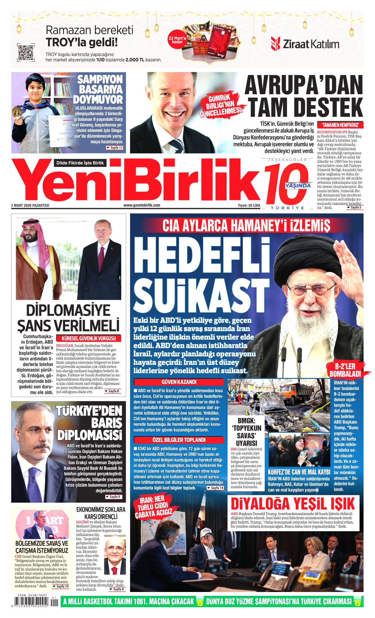 YENİBİRLİK gazetesinin 2 Mart 2026 tarihli birinci sayfası
