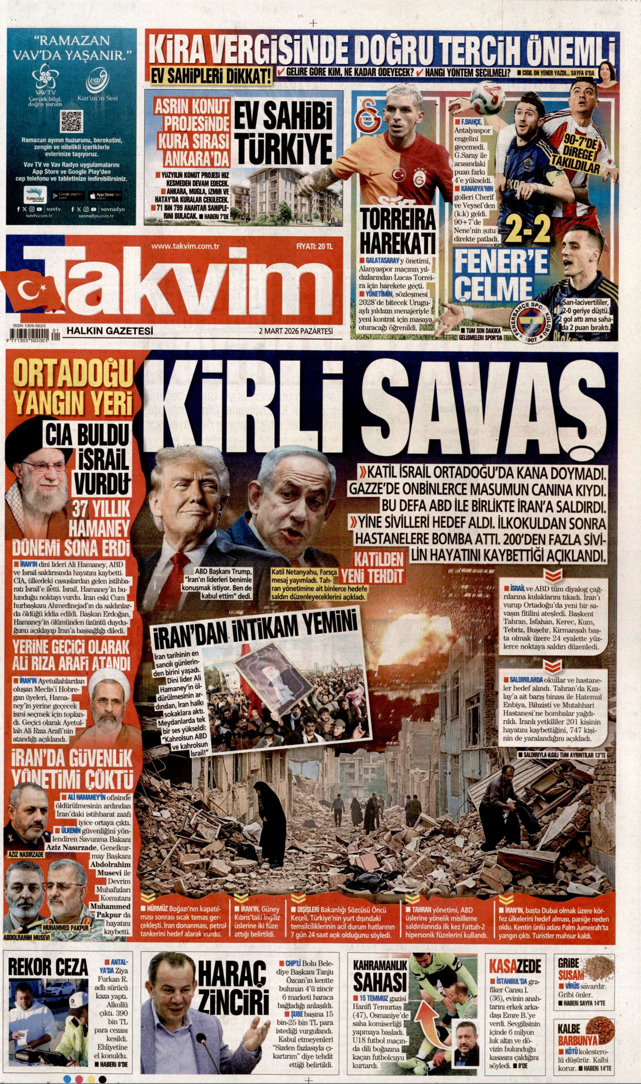 TAKVİM gazetesinin 2 Mart 2026 tarihli birinci sayfası