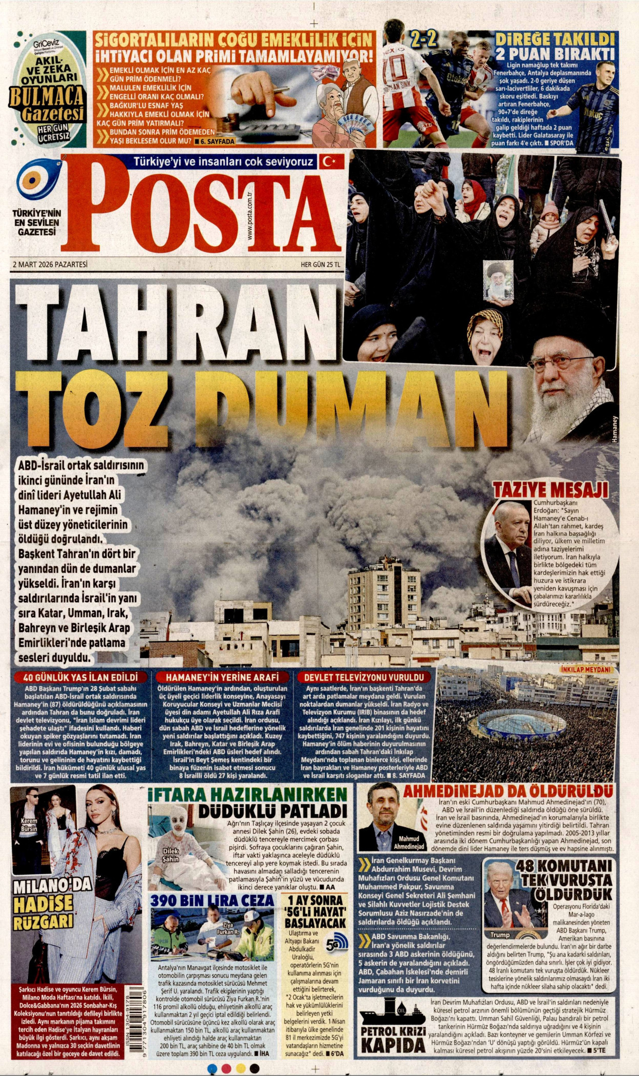 POSTA gazetesinin 2 Mart 2026 tarihli birinci sayfası