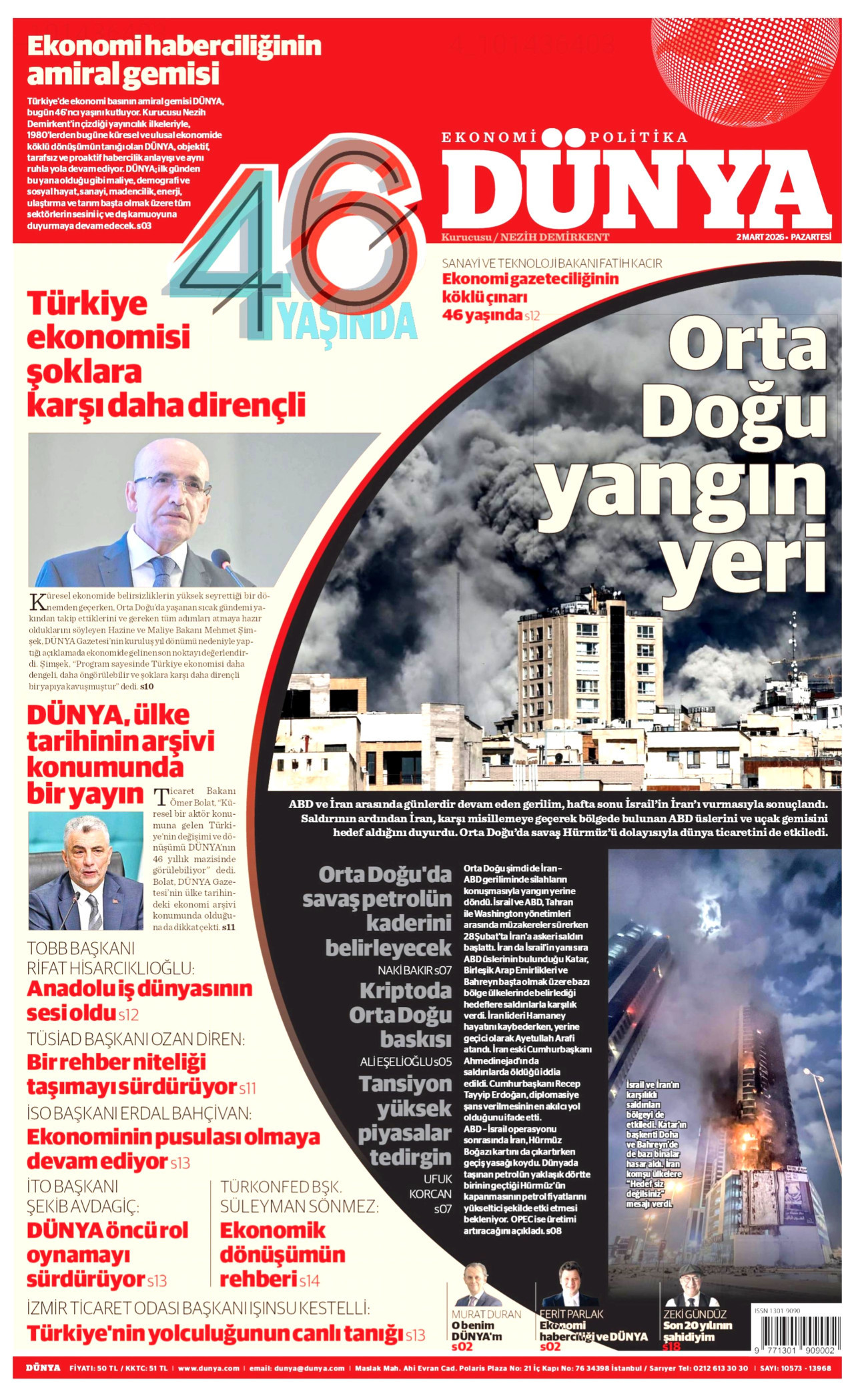 DÜNYA gazetesinin 2 Mart 2026 tarihli birinci sayfası